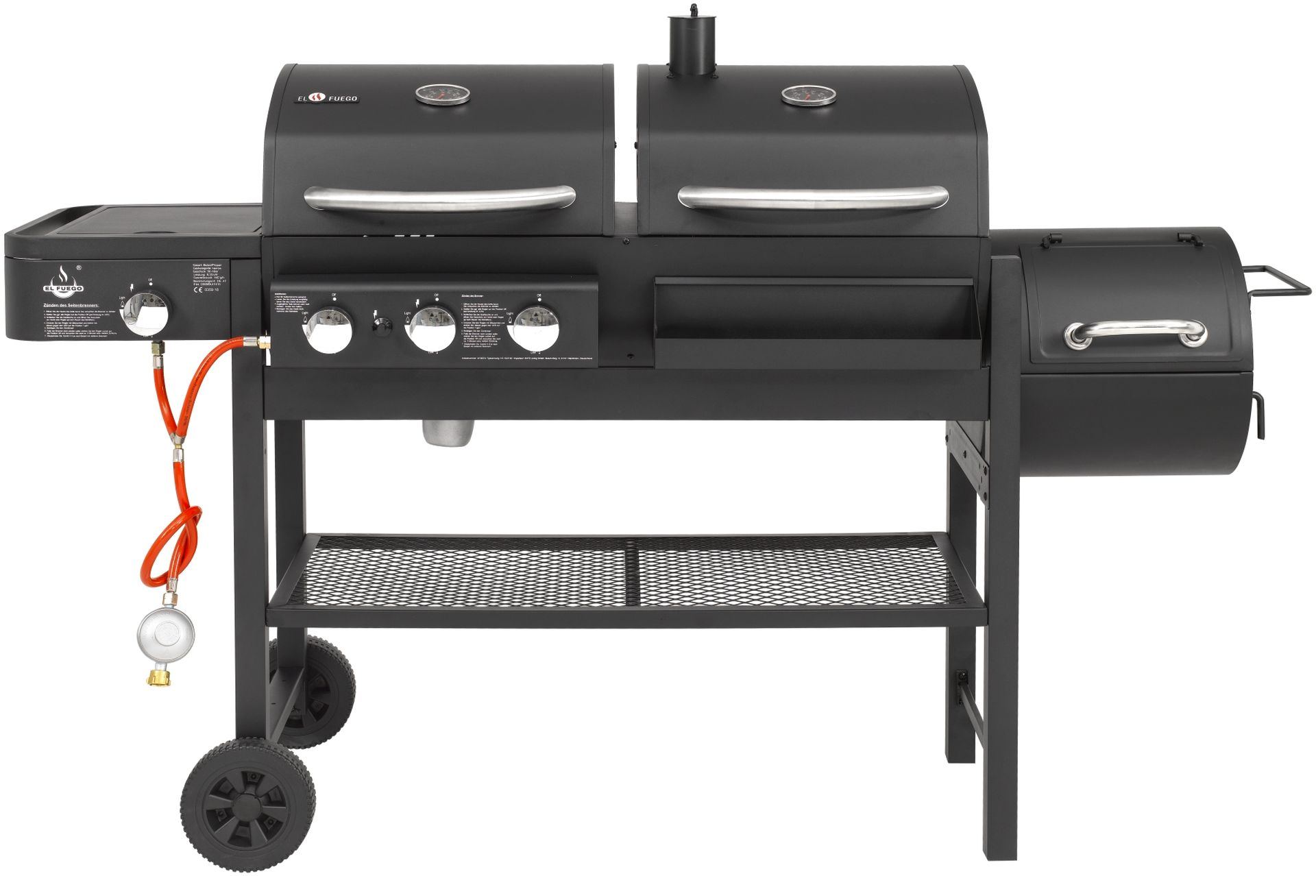 Schwarzer Char-Broil Grill mit Gasanschluss, Smoker und Ablageregal. Weißer Hintergrund.