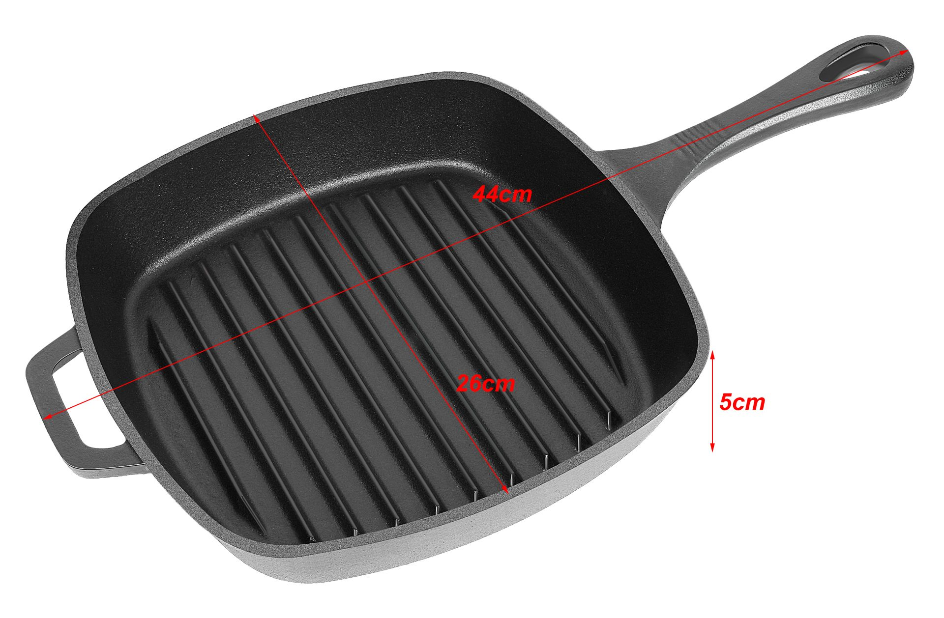Schwarze Grillpfanne mit Markierungen. Die Pfanne hat einen Griff und Grilllinien.