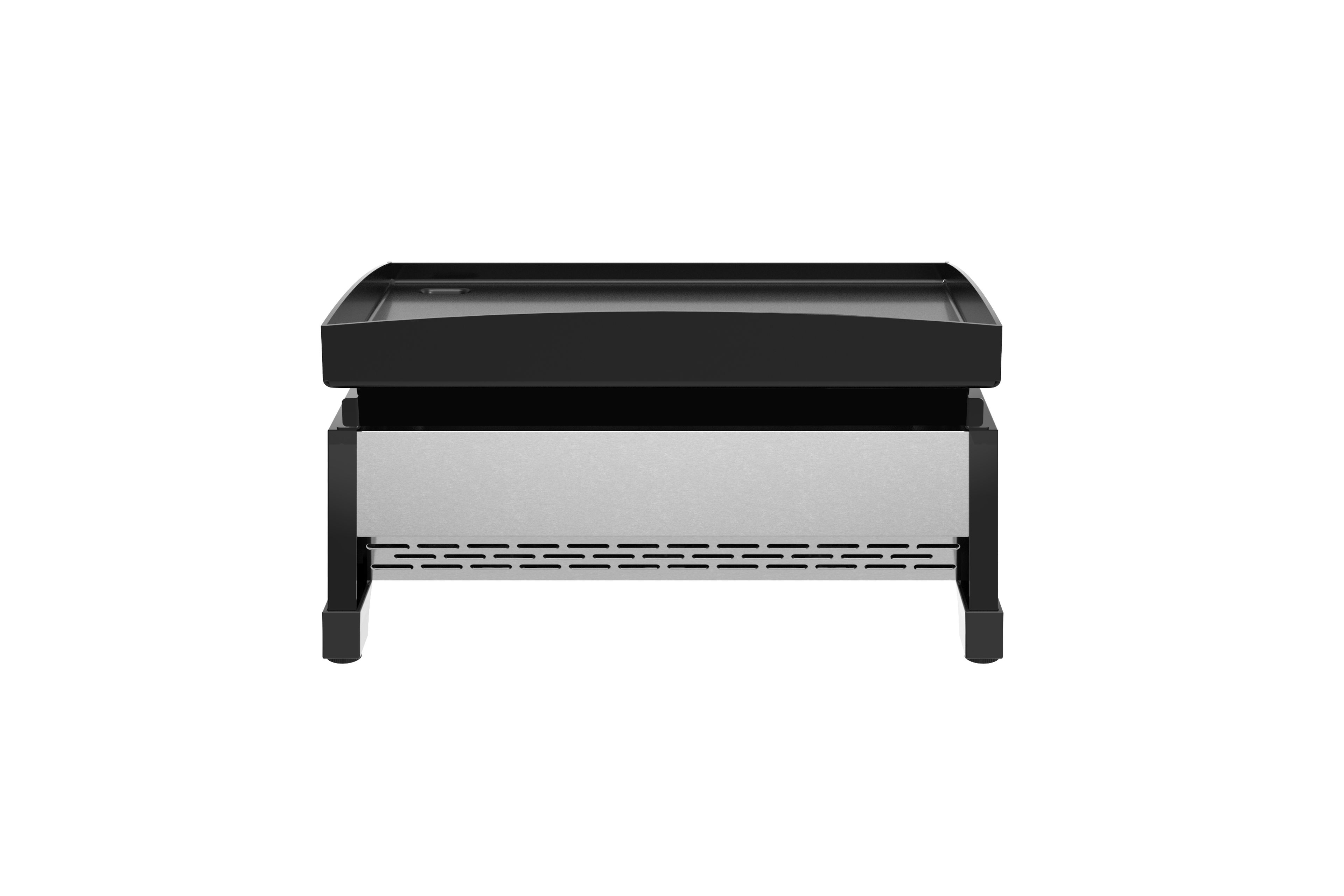 Eine schwarze und silberne Grillplatte auf einem Ständer. Sie hat eine schwarze Kochfläche und silberne Akzente.