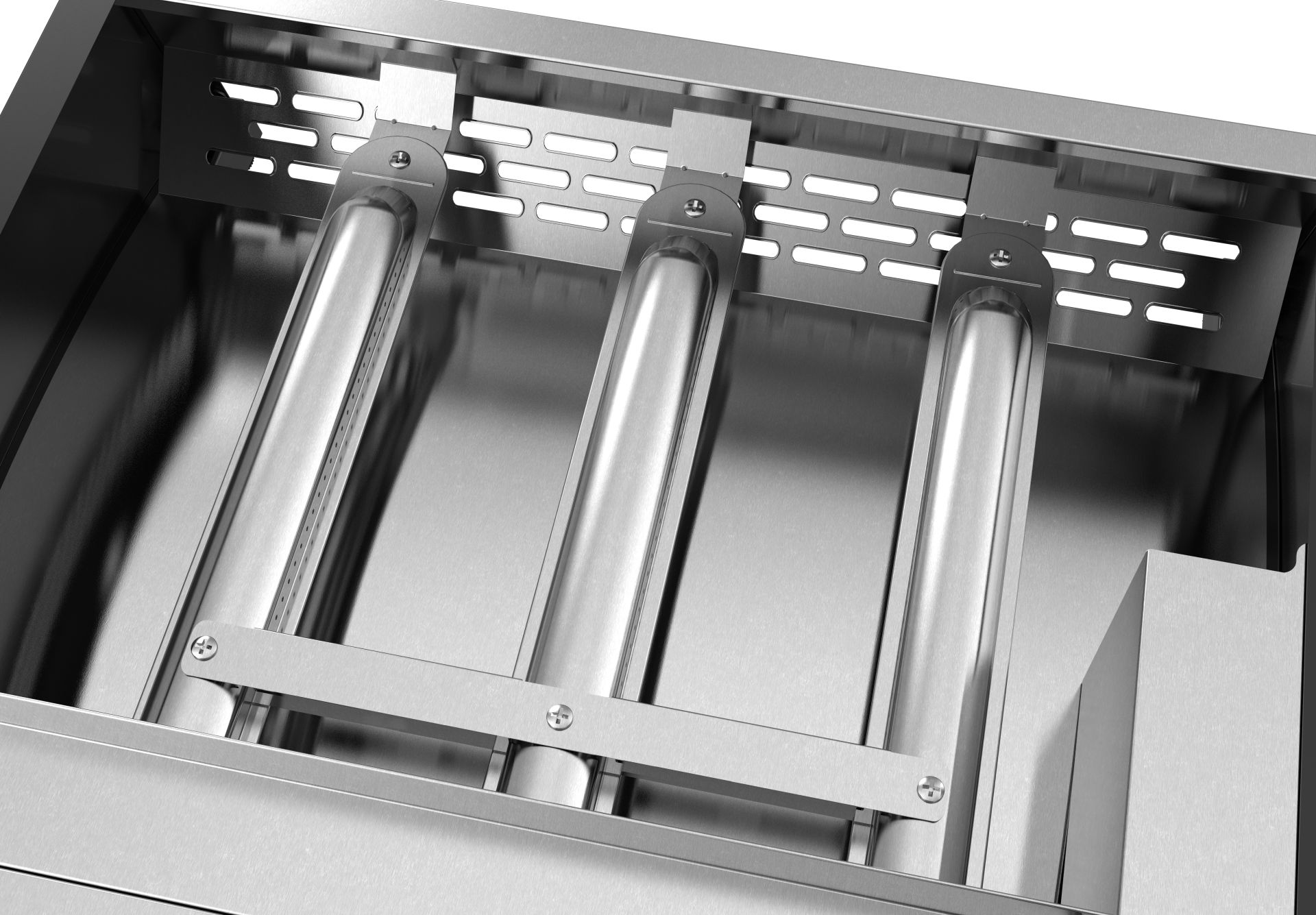 Nahaufnahme des Inneren eines Grills mit drei Edelstahlbrennern und einer geschlitzten Metallplatte darüber.