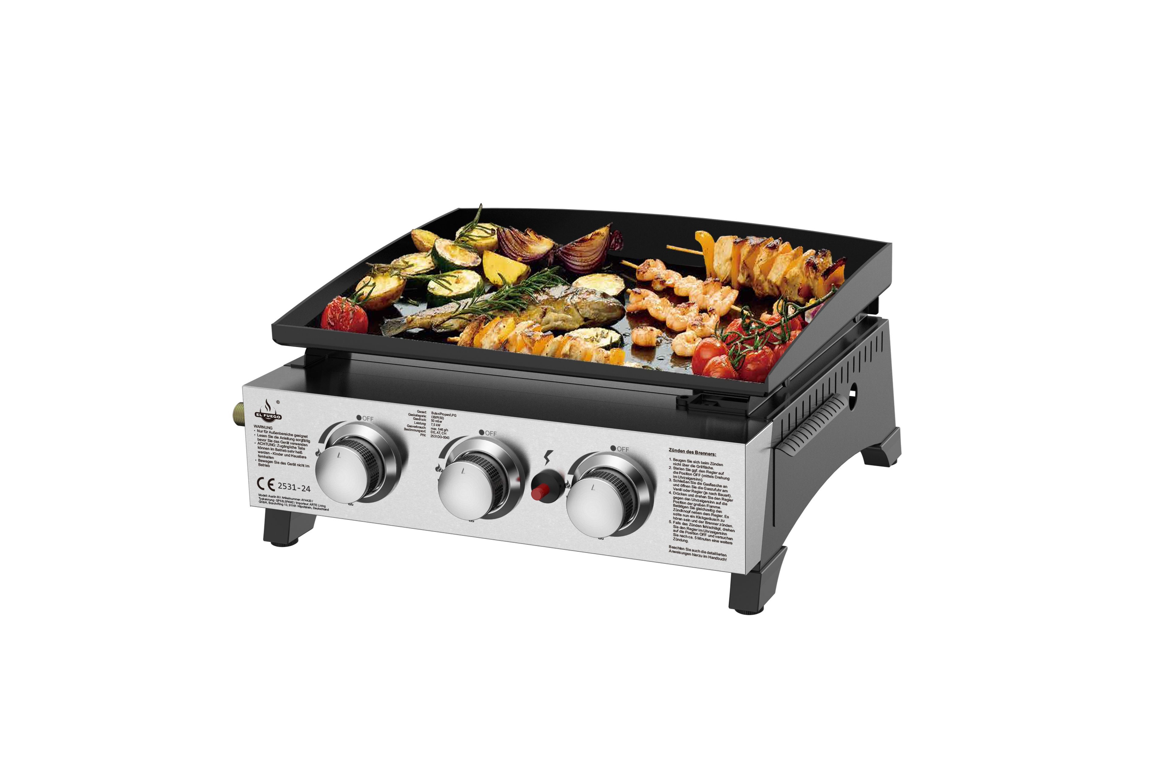 Grill mit Essen. Gemüse und Spieße auf schwarzer Platte. Silberne Bedienelemente.