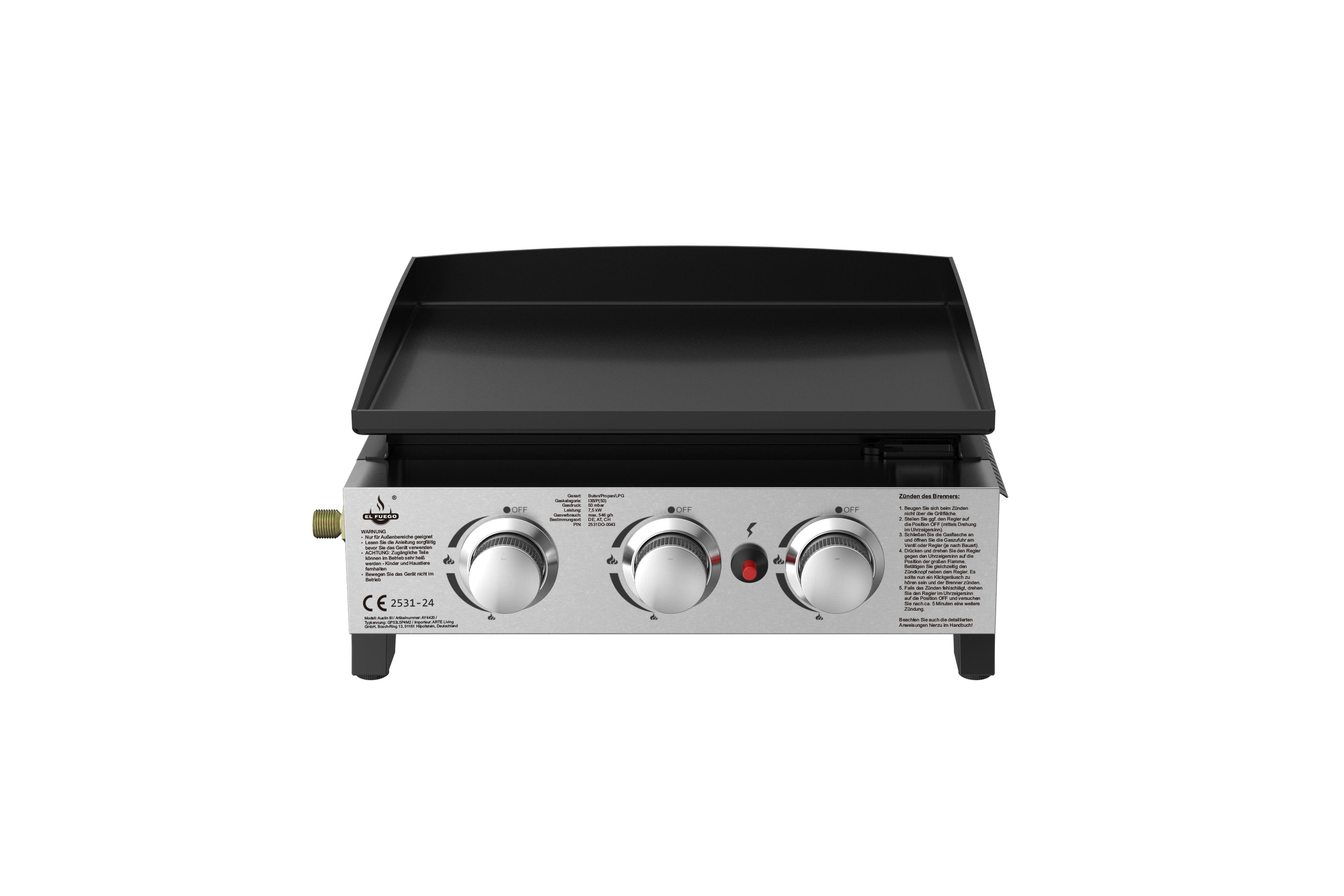Edelstahl-Gasgrill mit drei Bedienknöpfen und schwarzer Kochfläche. Weißer Hintergrund.
