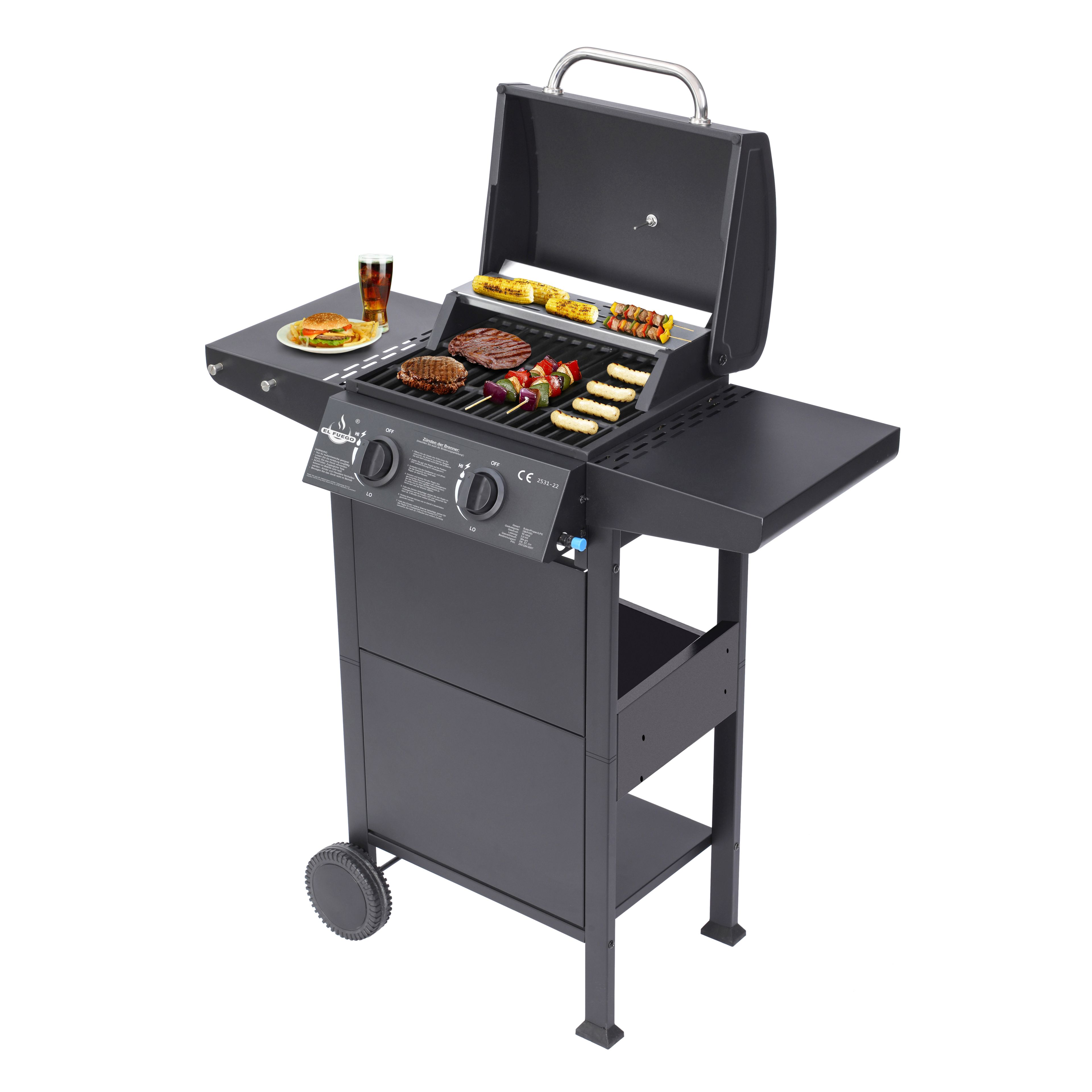 Schwarzer Grill mit Essen, rechte Seite offen. Beistelltisch mit Essen und Getränken.