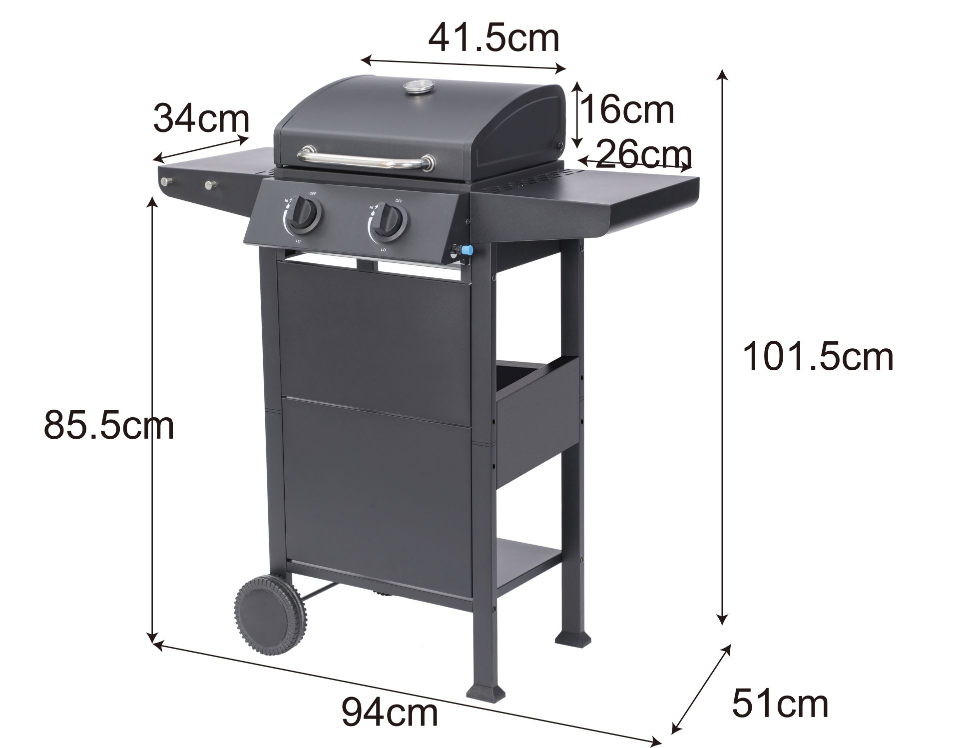 Schwarzer Grill mit beschrifteten Abmessungen. Ein einzelnes Rad ist sichtbar.