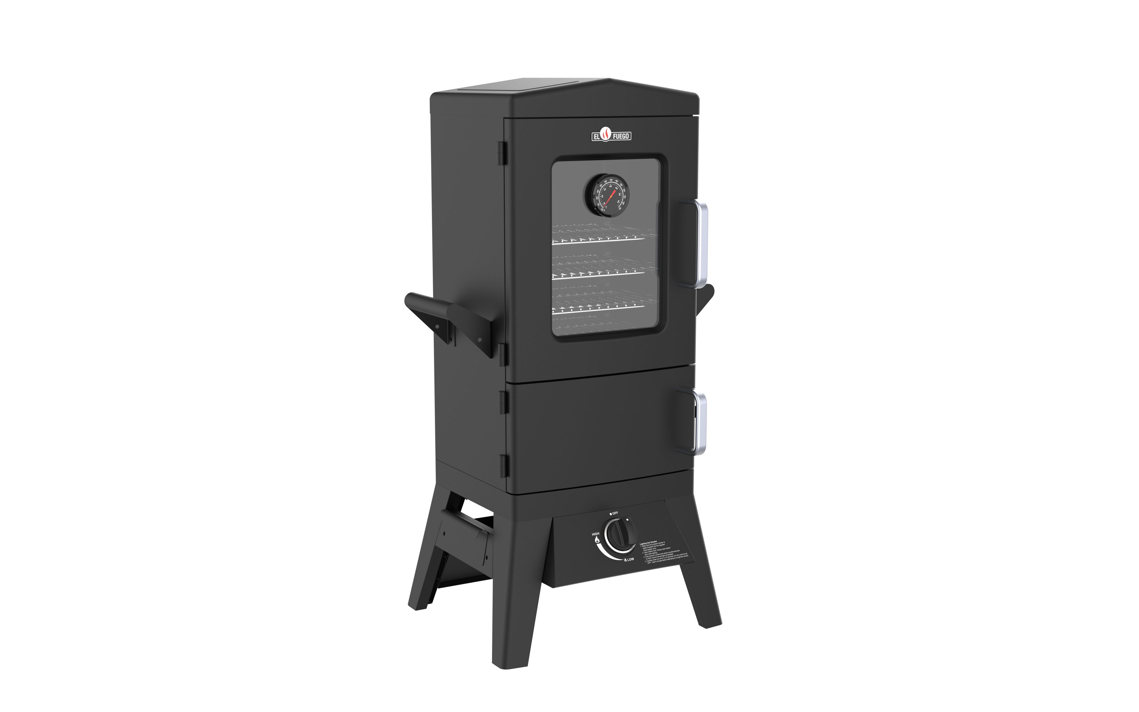 Ein schwarzer Räuchergrill auf weißem Hintergrund.
