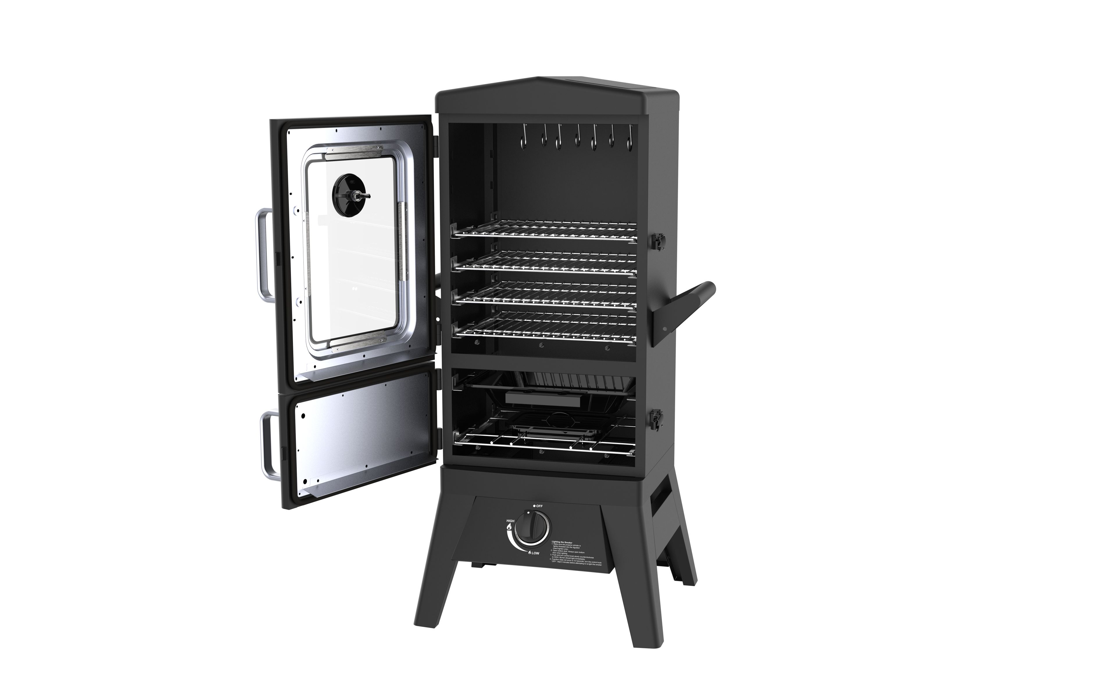 Schwarzer Räucherofen mit offener Tür. Innen mit Racks und Heizelement, Temperaturregler.