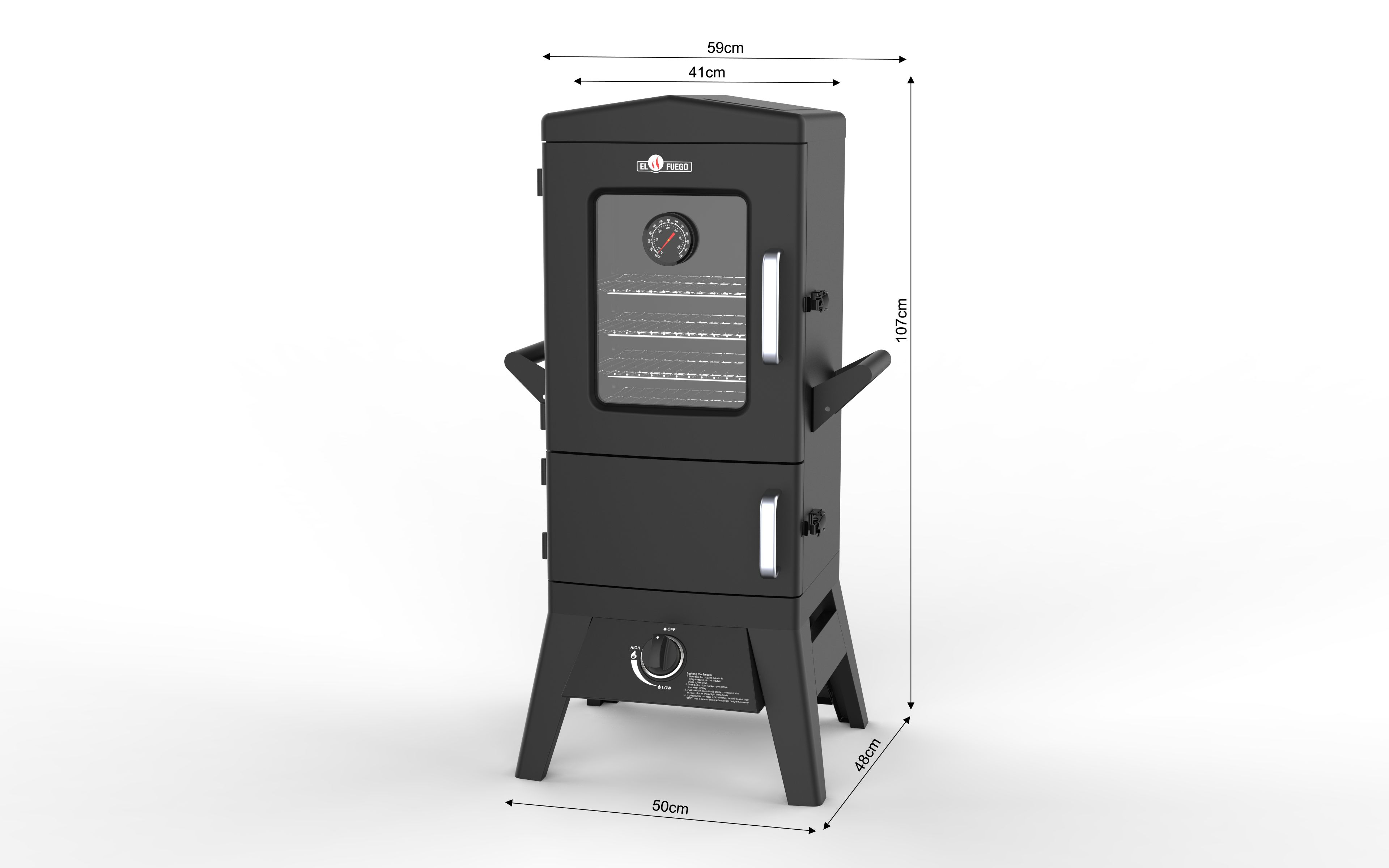 Ein schwarzer Smoker mit den Maßen: 59 cm breit, 107 cm hoch und 50 cm tief, mit einem Glasfenster und einem Thermometer.
