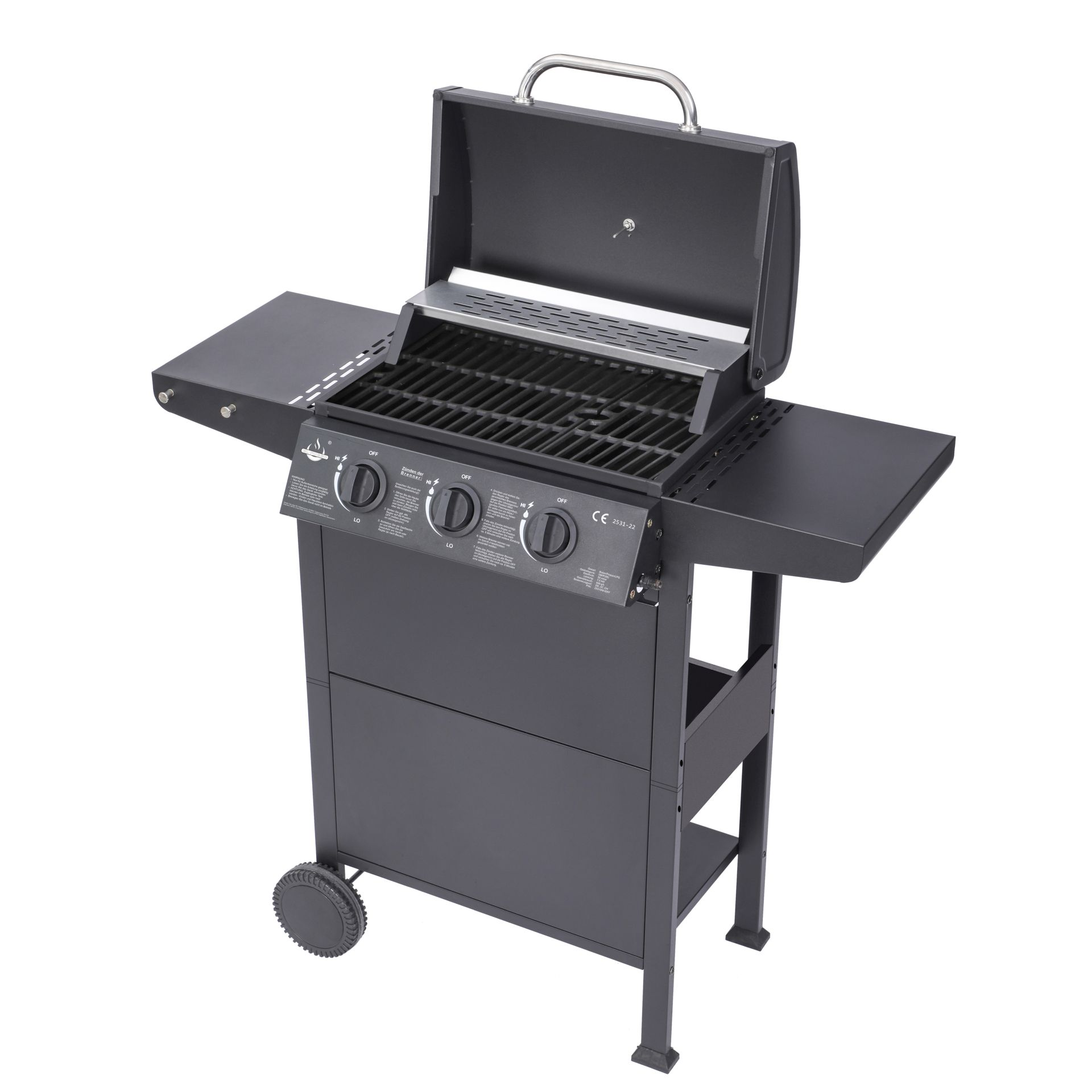 Schwarzer Gasgrill mit drei Brennern, offenem Deckel, Seitenablagen und Rädern.