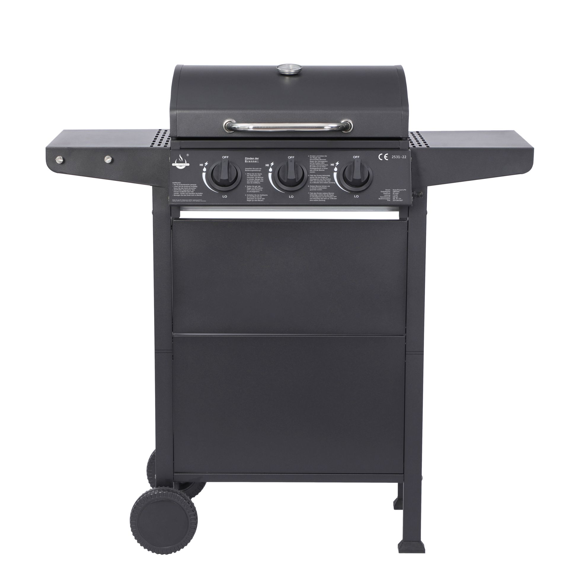 Ein schwarzer Gasgrill auf Rädern mit Bedienknöpfen und Deckel.