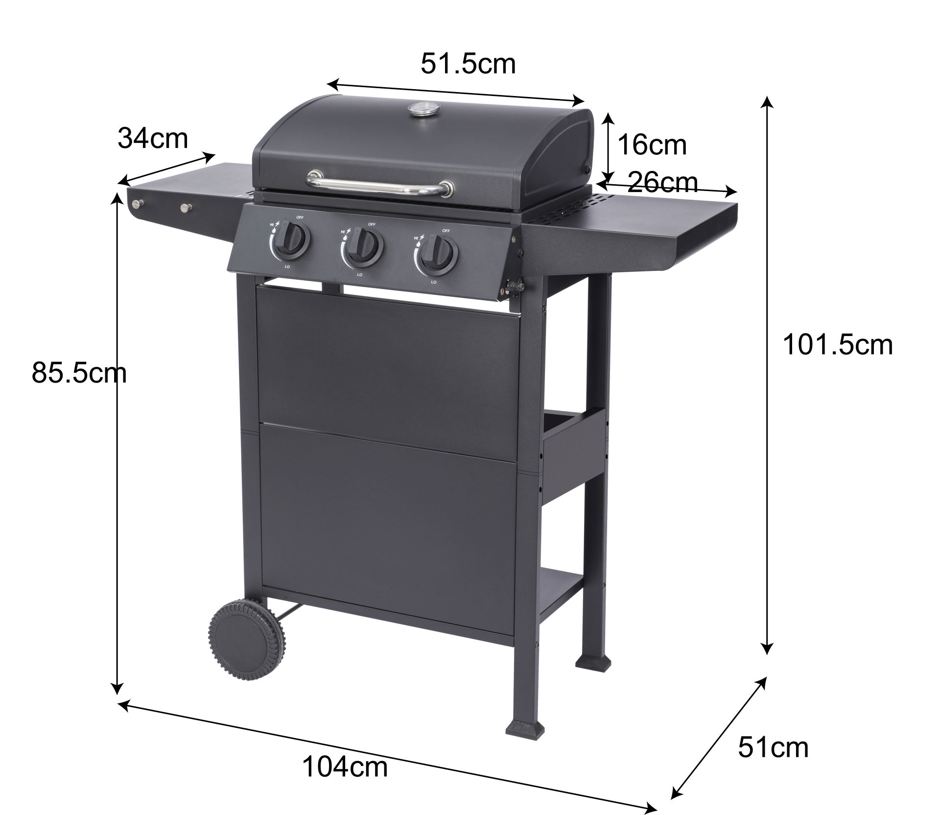 Schwarzer Grill mit Abmessungen und Maßen. Schwarzer Deckel, drei Knöpfe und eine Seitenablage.
