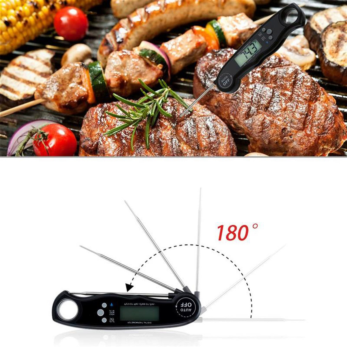 Gegrilltes Essen mit Thermometer, das 143 Grad anzeigt. Thermometer ist digital und schwarz.
