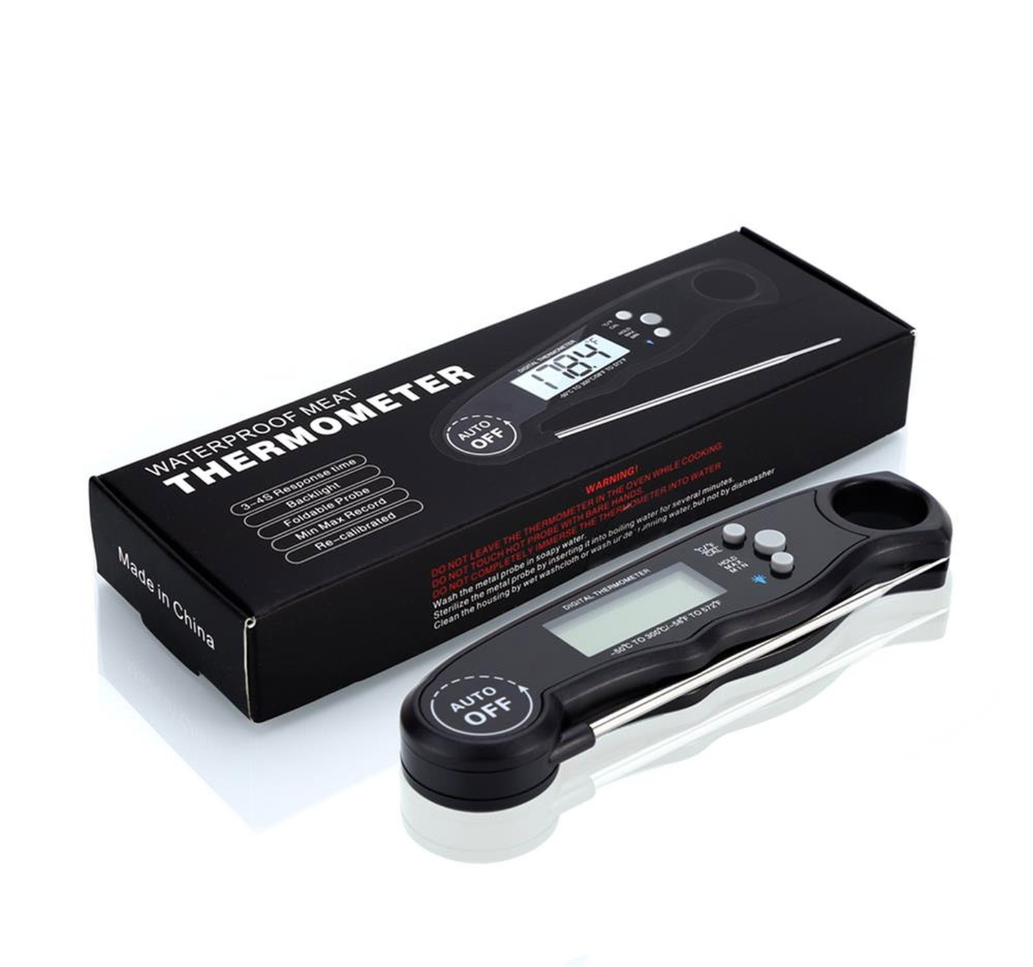 Wasserdichtes Fleischthermometer mit Digitalanzeige und schwarzer Box. Hergestellt in China.