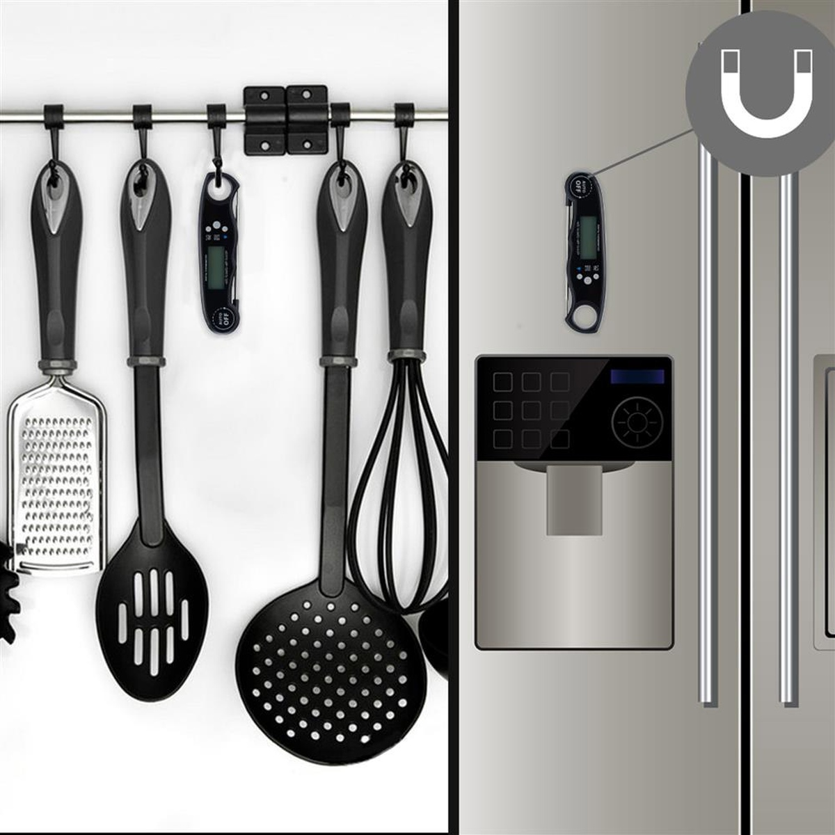 Küchenutensilien an einer Stange und ein Kühlschrank mit Thermometer.