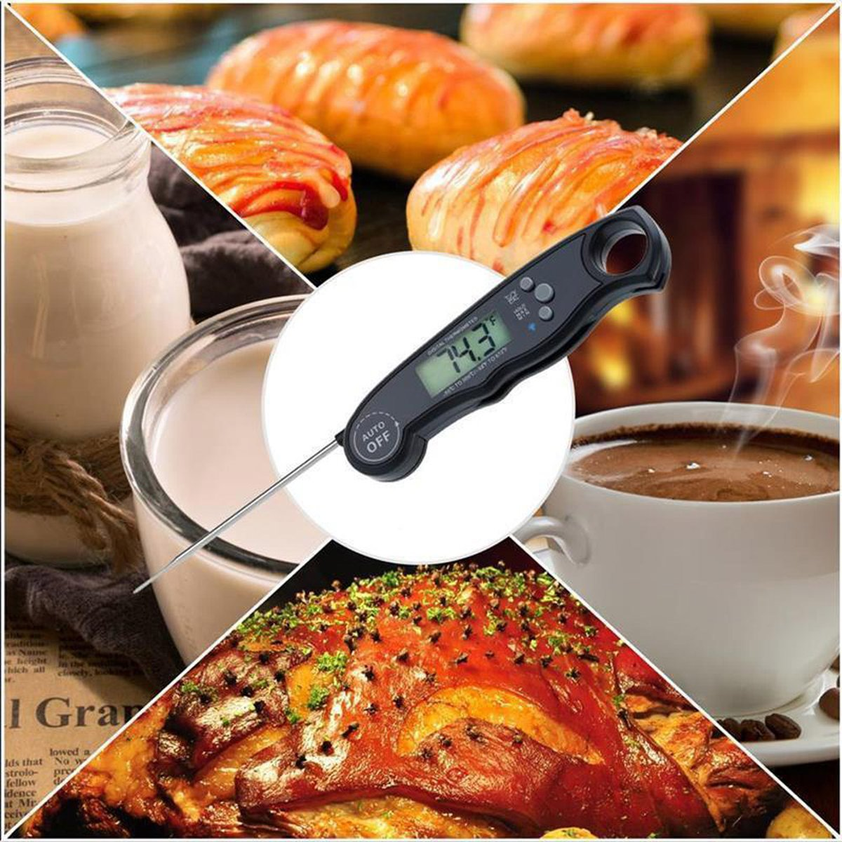 Eine Collage von Lebensmitteln und einem Thermometer. Beinhaltet Milch, Kaffee und Fleisch.