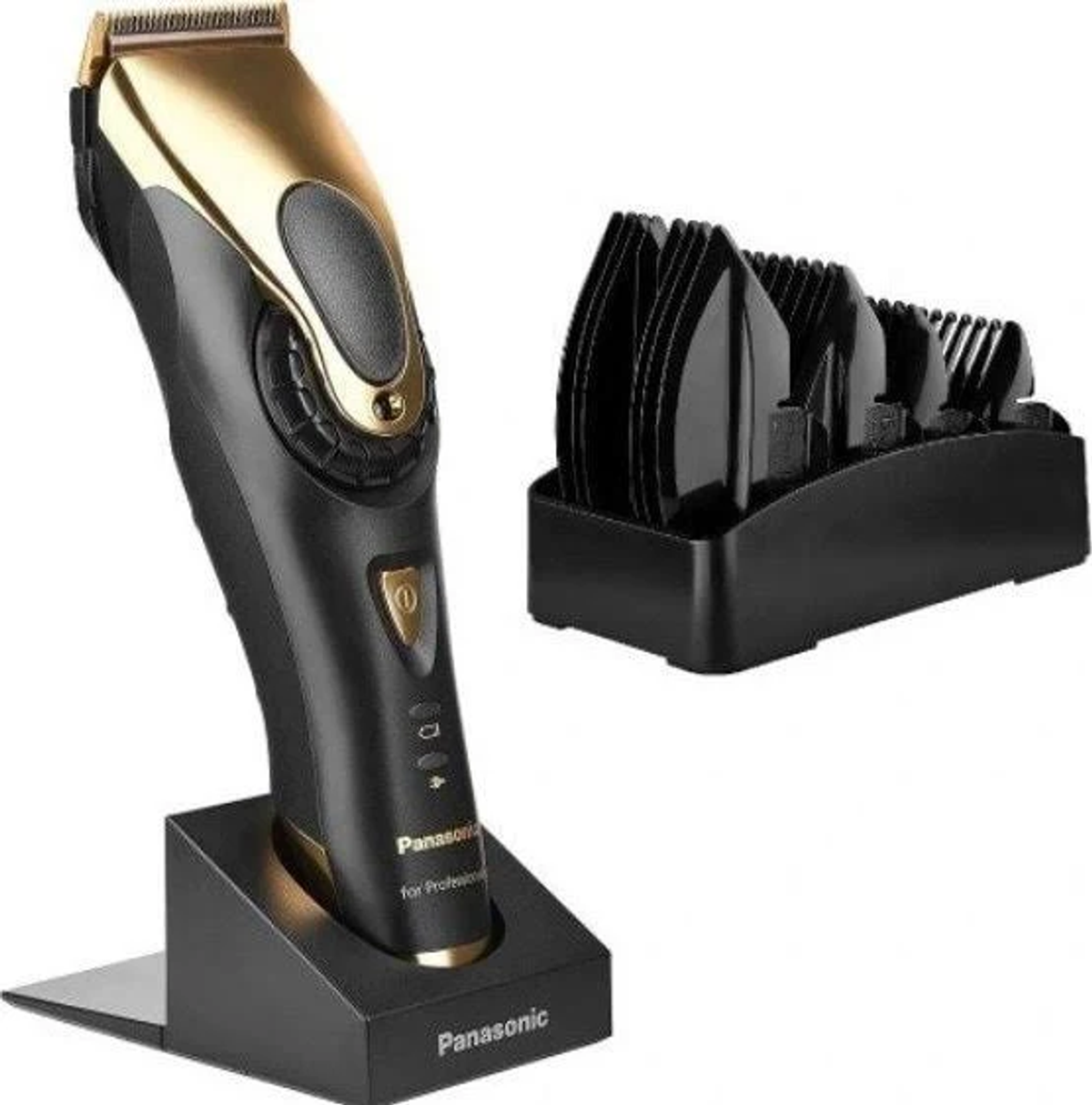 Tosatrice Panasonic e accessori, schema colori nero e oro, in un supporto nero.