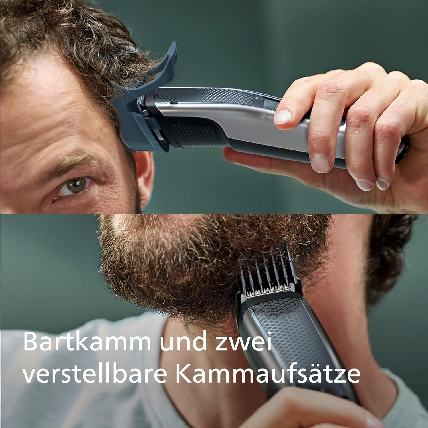 Mann benutzt Haartrimmer an Bart und Haaren, Nahaufnahmen.