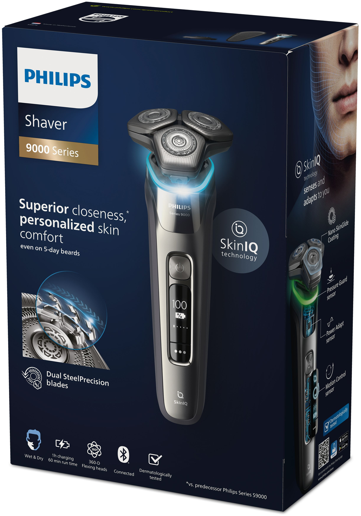 Pudełko Philips Shaver 9000 Series z golarką, tekstem i obrazami, na ciemnoniebieskim tle.