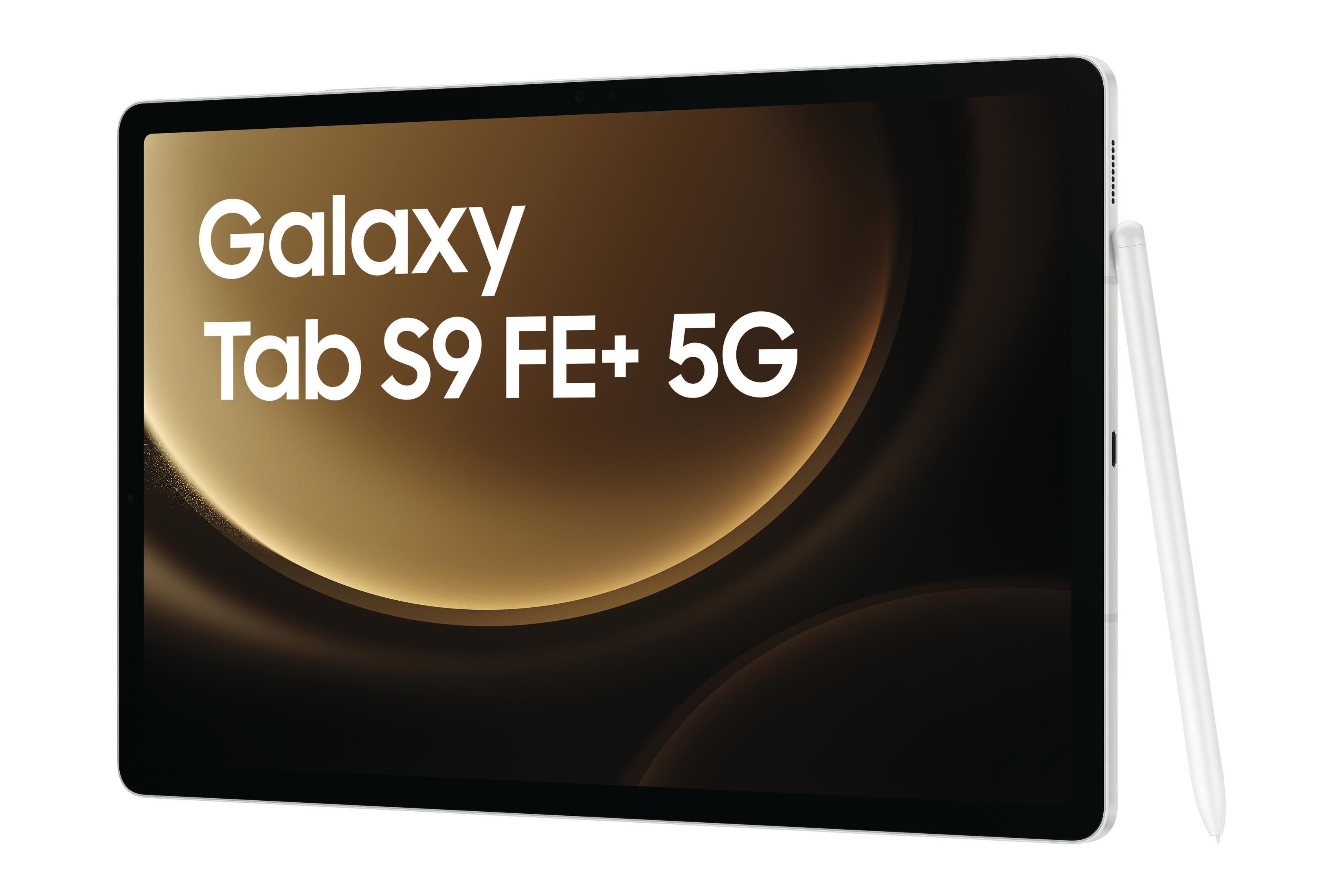 Tablet z rysikiem, motyw biało-złoty, tekst 'Galaxy Tab S9 FE+ 5G' na ekranie.