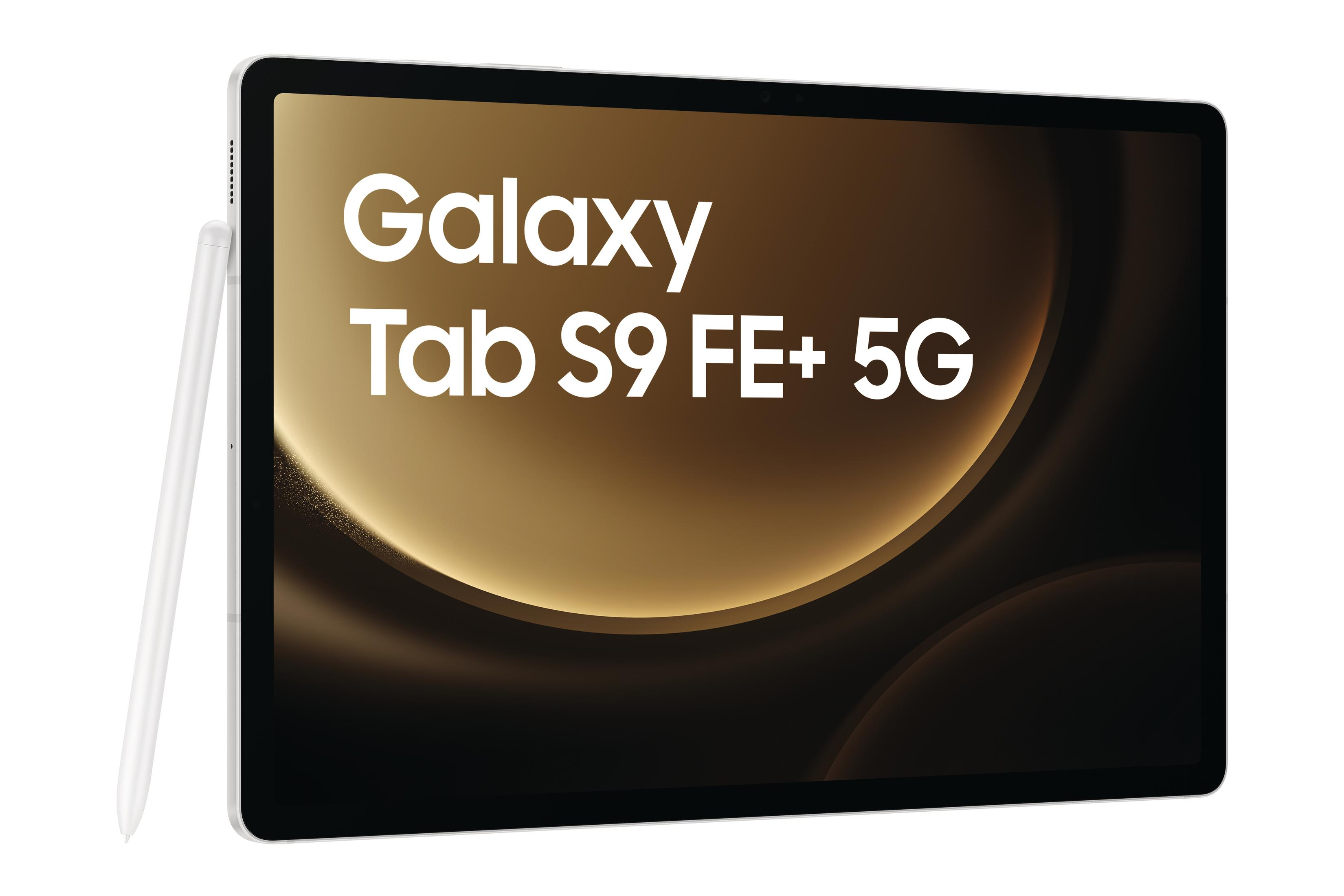 Tablet Samsung Galaxy Tab S9 FE+ 5G i białe pióro, na tle złotego gradientu.
