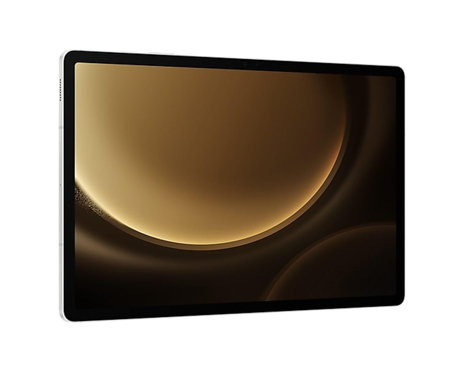 Tablet z białą ramką i ekranem z gradientem w kolorze złota.