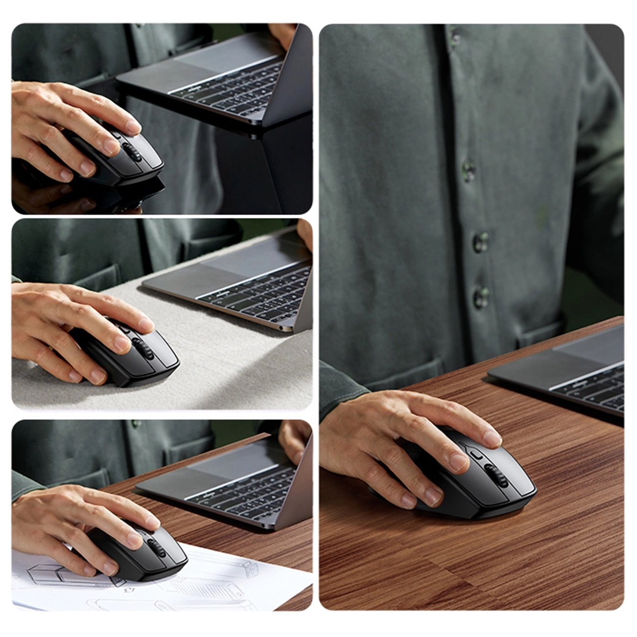 Dłonie używające czarnej myszy na biurku, laptop w tle.