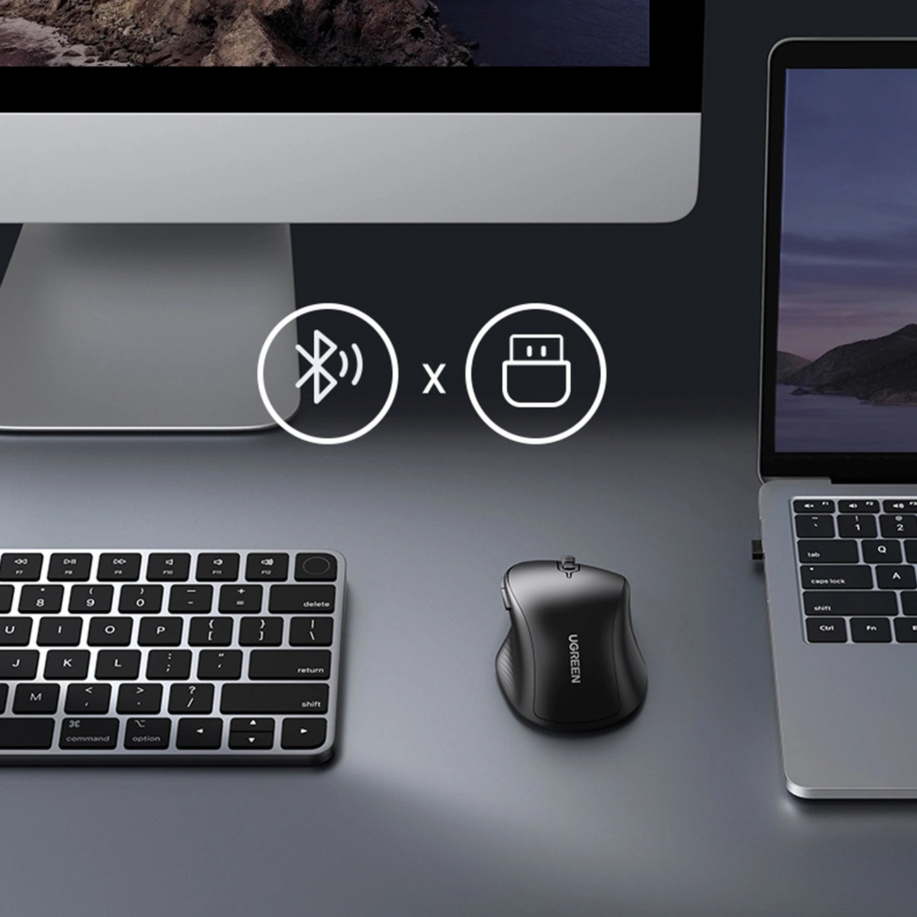 Klawiatura, mysz bezprzewodowa i laptop na stole. Obecne symbole Bluetooth i USB.