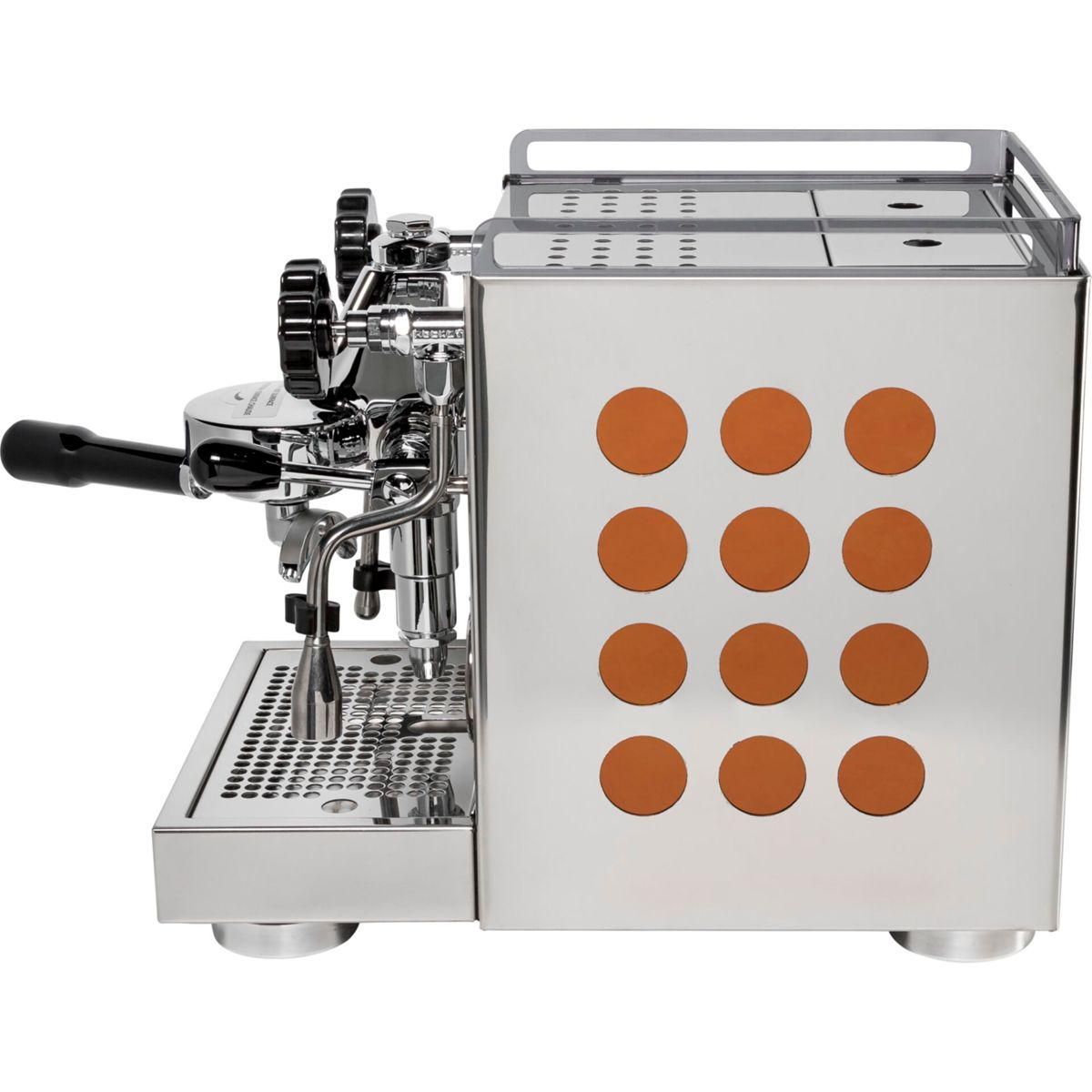 Eine Espressomaschine aus Edelstahl mit schwarzen Akzenten und orangefarbenen Kreisdetails.