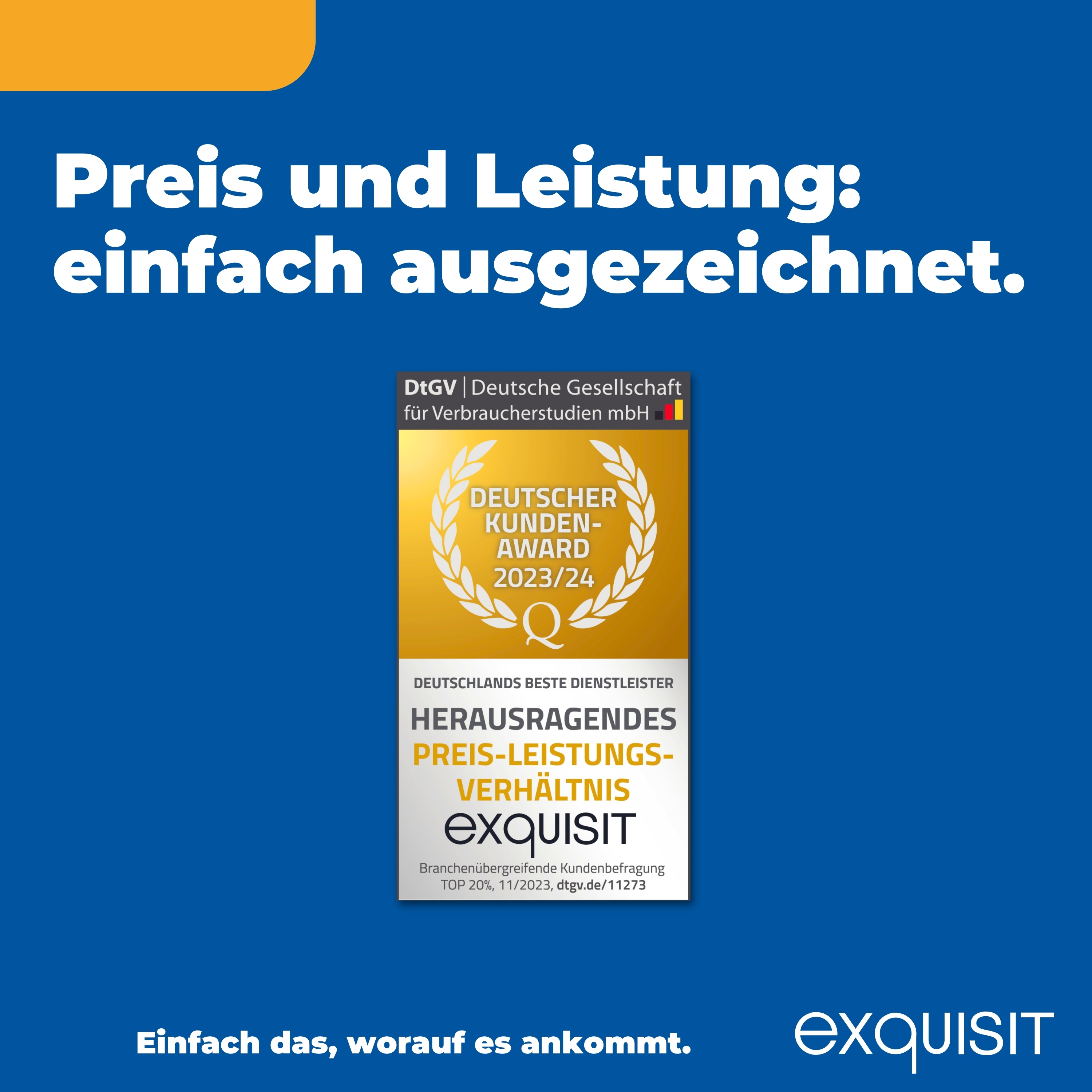 Blau-weiße Werbung mit Text und einer goldenen Auszeichnung.