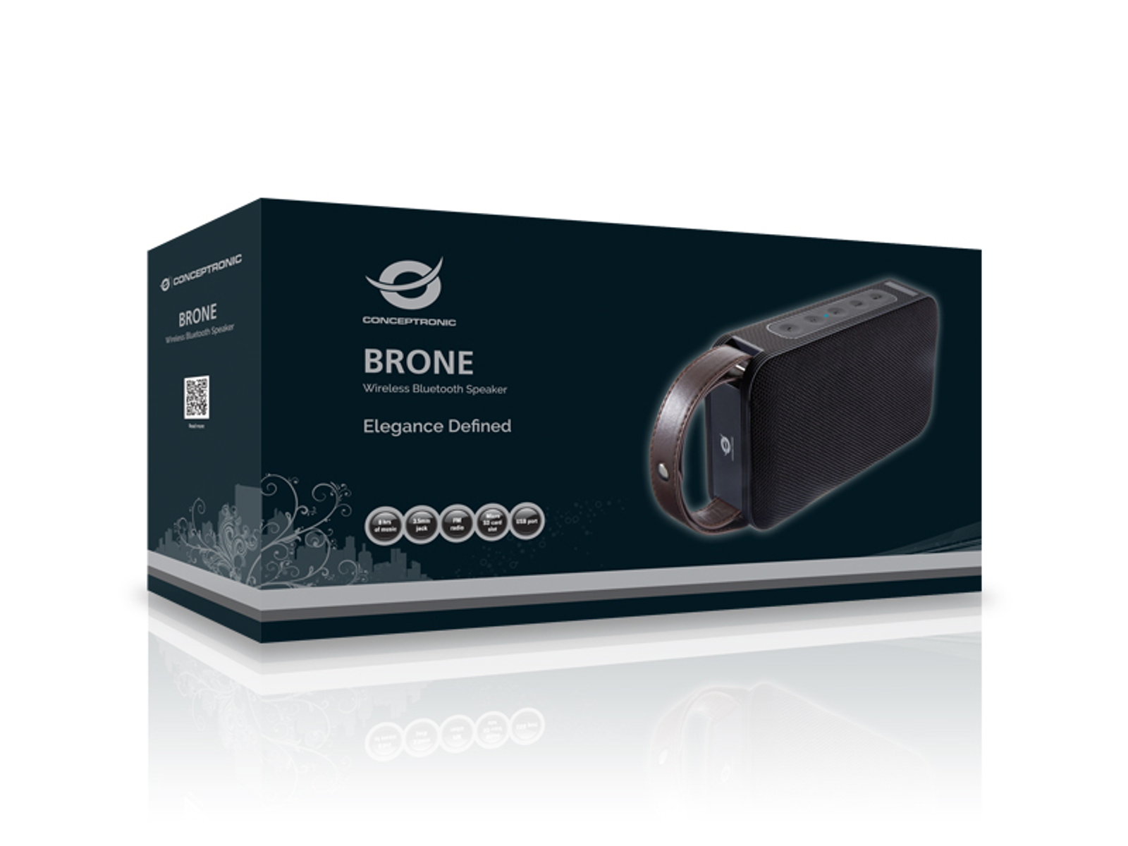 Pudełko głośnika Bluetooth Brone, pokazujące głośnik i markę.
