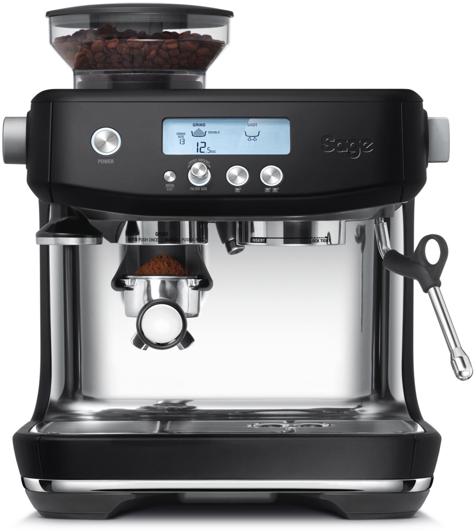 Schwarze Espressomaschine mit Kaffeebohnenbehälter, digitaler Anzeige und Siebträger.