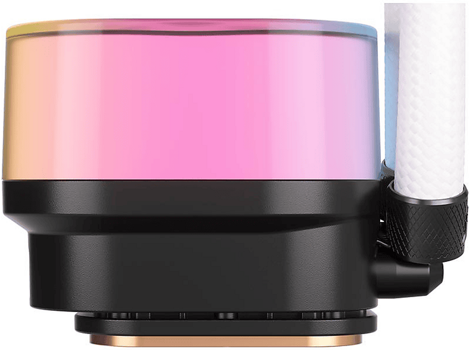 Chłodnica wodna z świecącym wierzchem. Czarna i miedziana podstawa z dołączonym białym wężem.