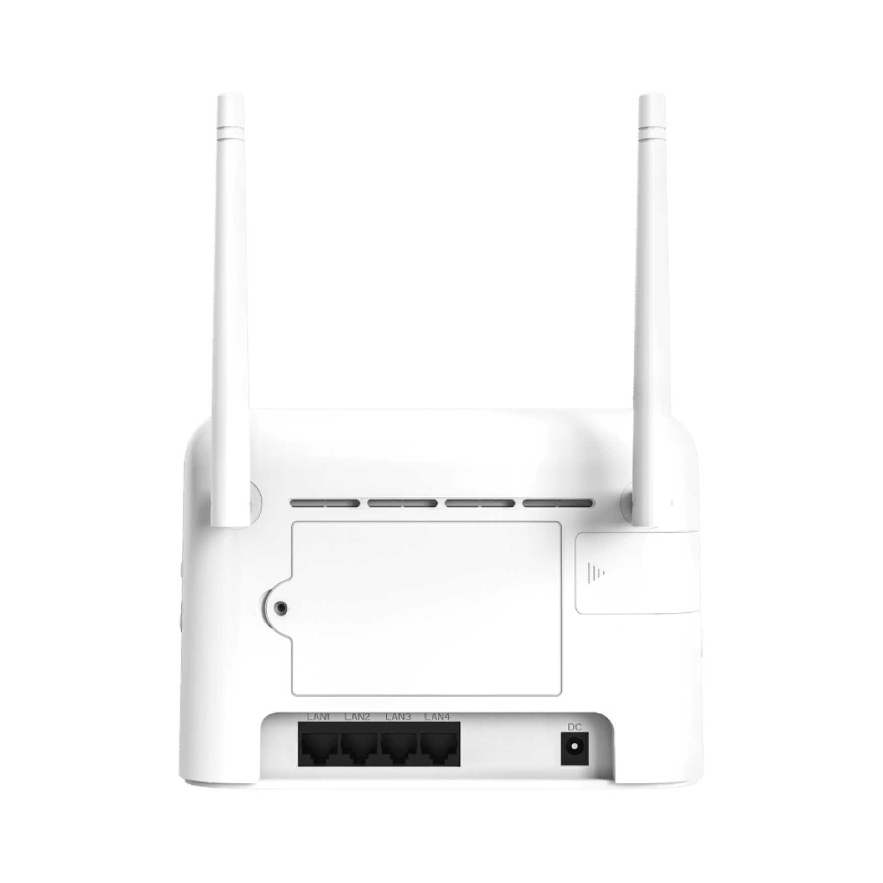 Weißer Router mit zwei Antennen, Anschlüssen für LAN und einem Gleichstromeingang. Einfacher weißer Hintergrund.