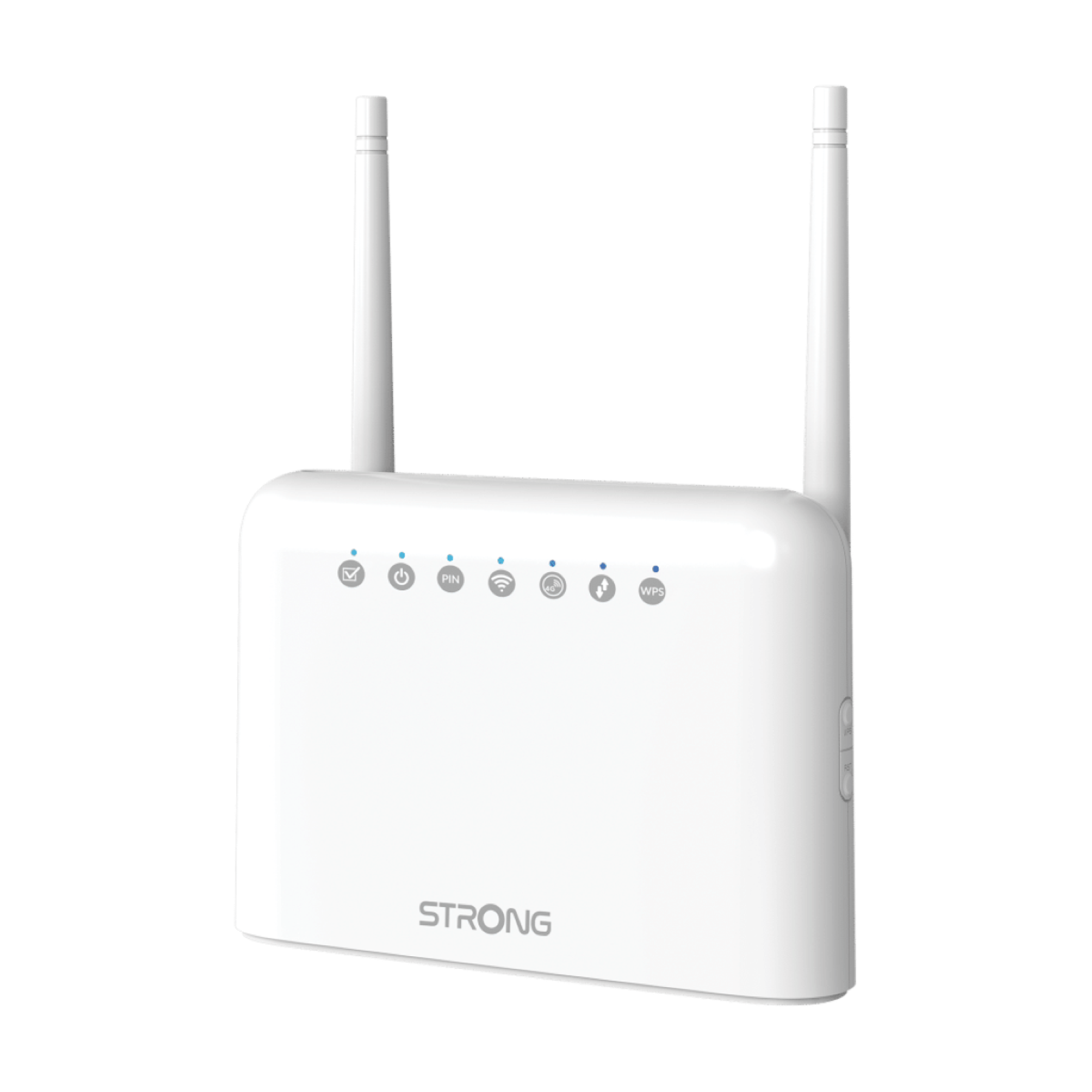 Weißer Router mit zwei Antennen, STRONG-Logo und mehreren Statusanzeigelichtern.