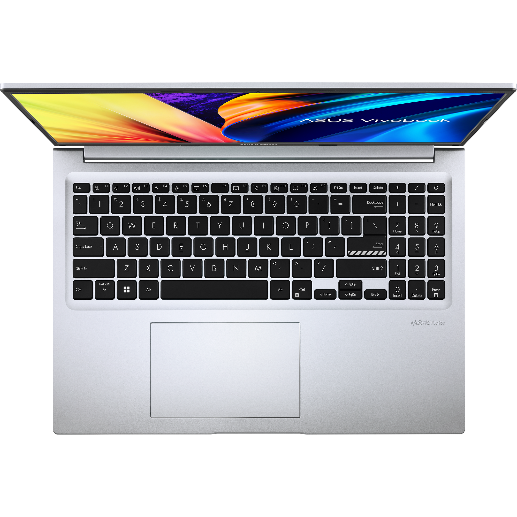 Draufsicht auf einen silbernen ASUS Laptop mit geöffnetem Bildschirm und Tastatur.