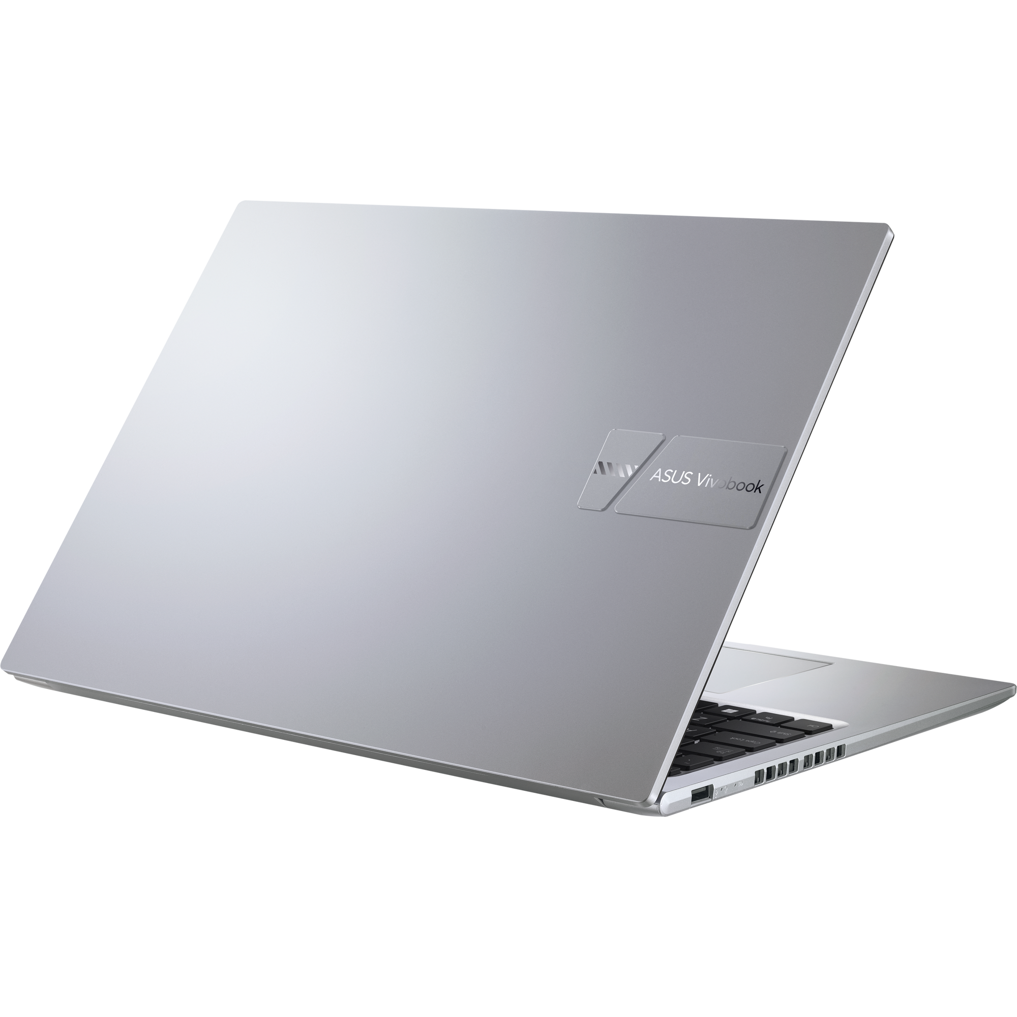 Silberner Laptop mit offenem Deckel, zeigt das ASUS Vivobook Logo auf der Rückseite.