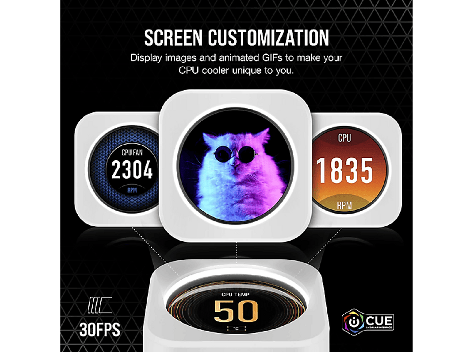 Enfriador de CPU con pantalla. Muestra la velocidad del ventilador, RPM de la CPU y una foto de gato.