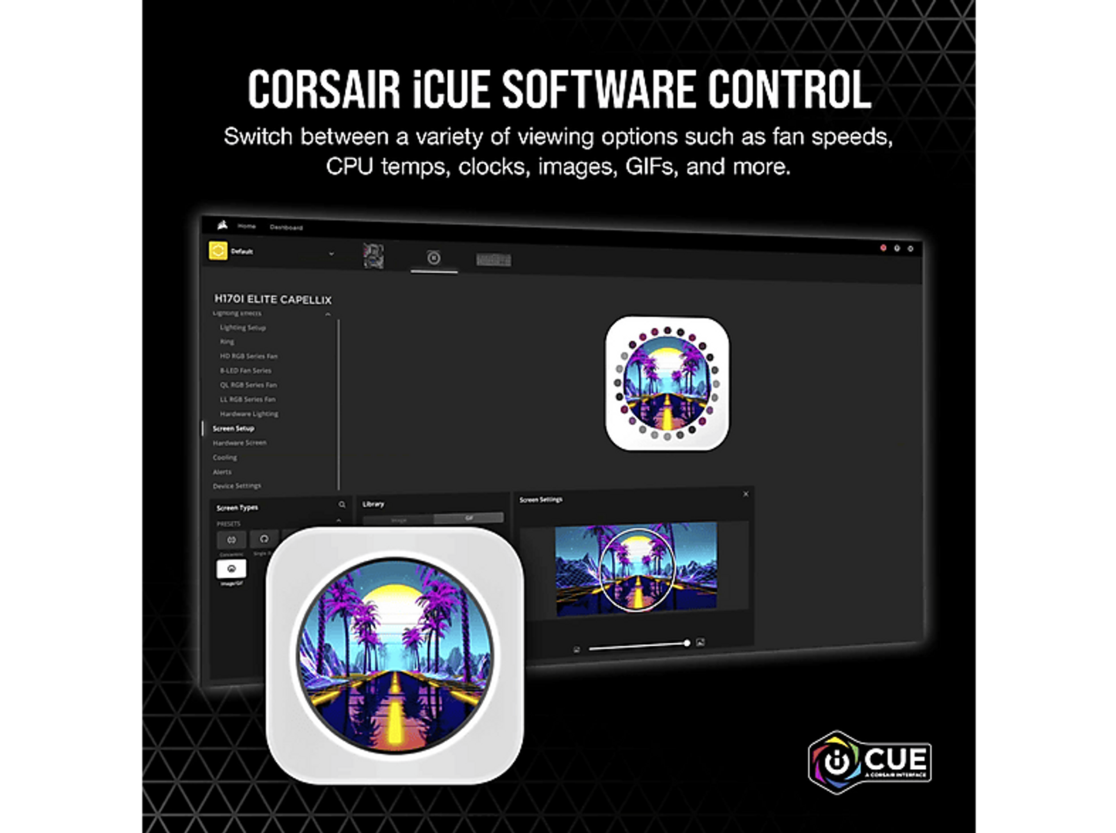 Interfaz del software Corsair iCUE en pantalla, mostrando velocidades de ventilador y opciones.