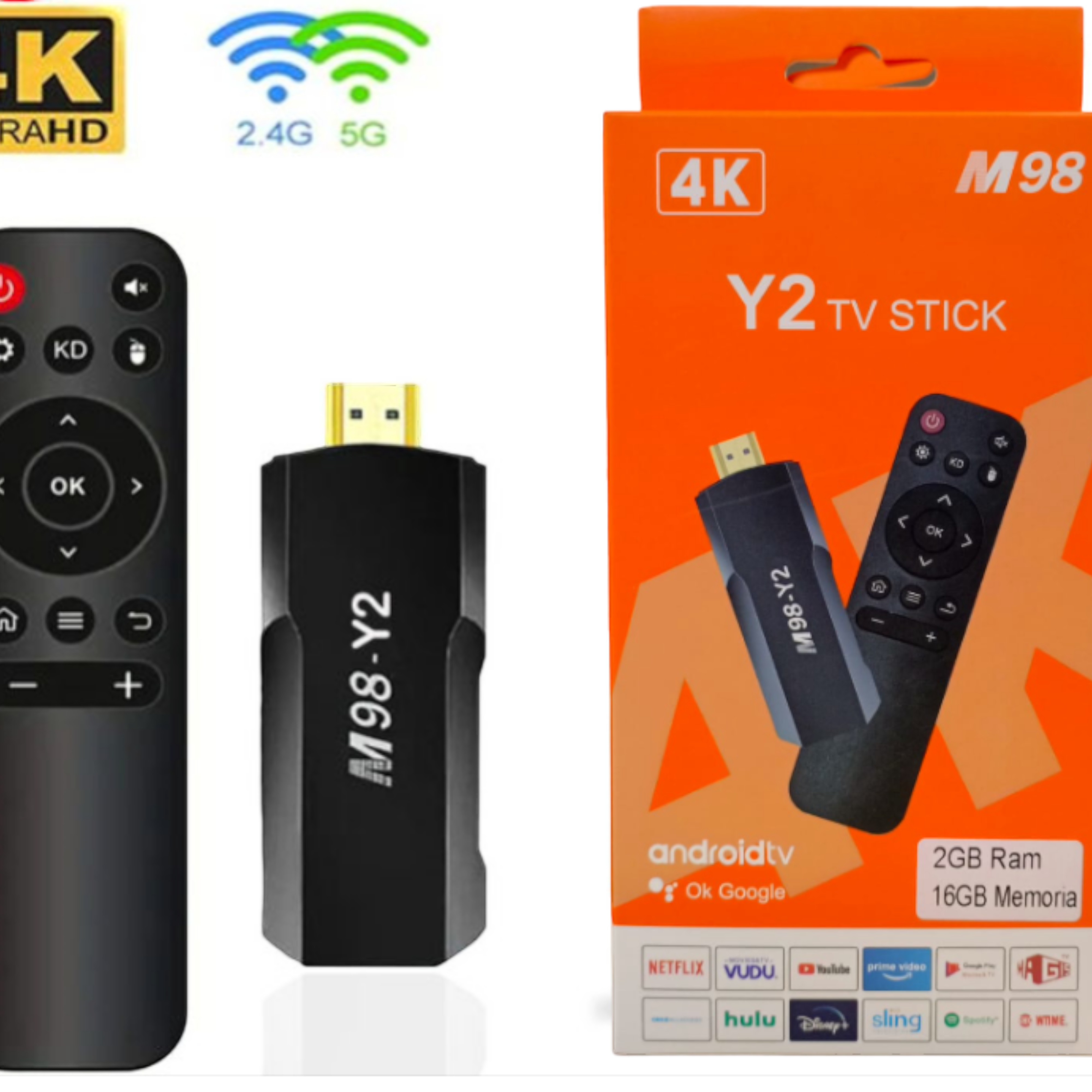 TV stick, mando a distancia y caja. Palillo negro, mando negro, caja naranja con texto.