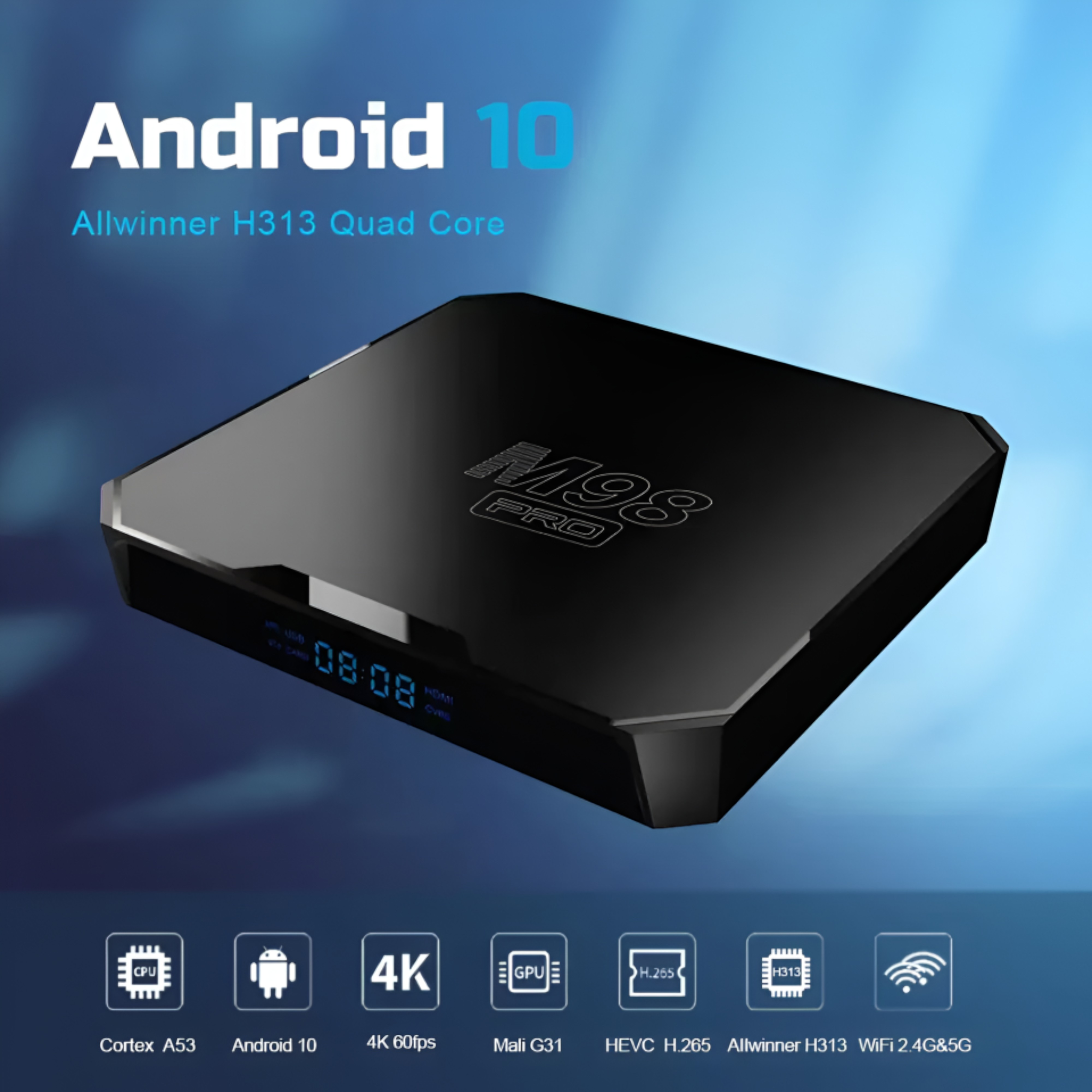 Caja de TV Android negra con el texto "Android 10" y otras características.