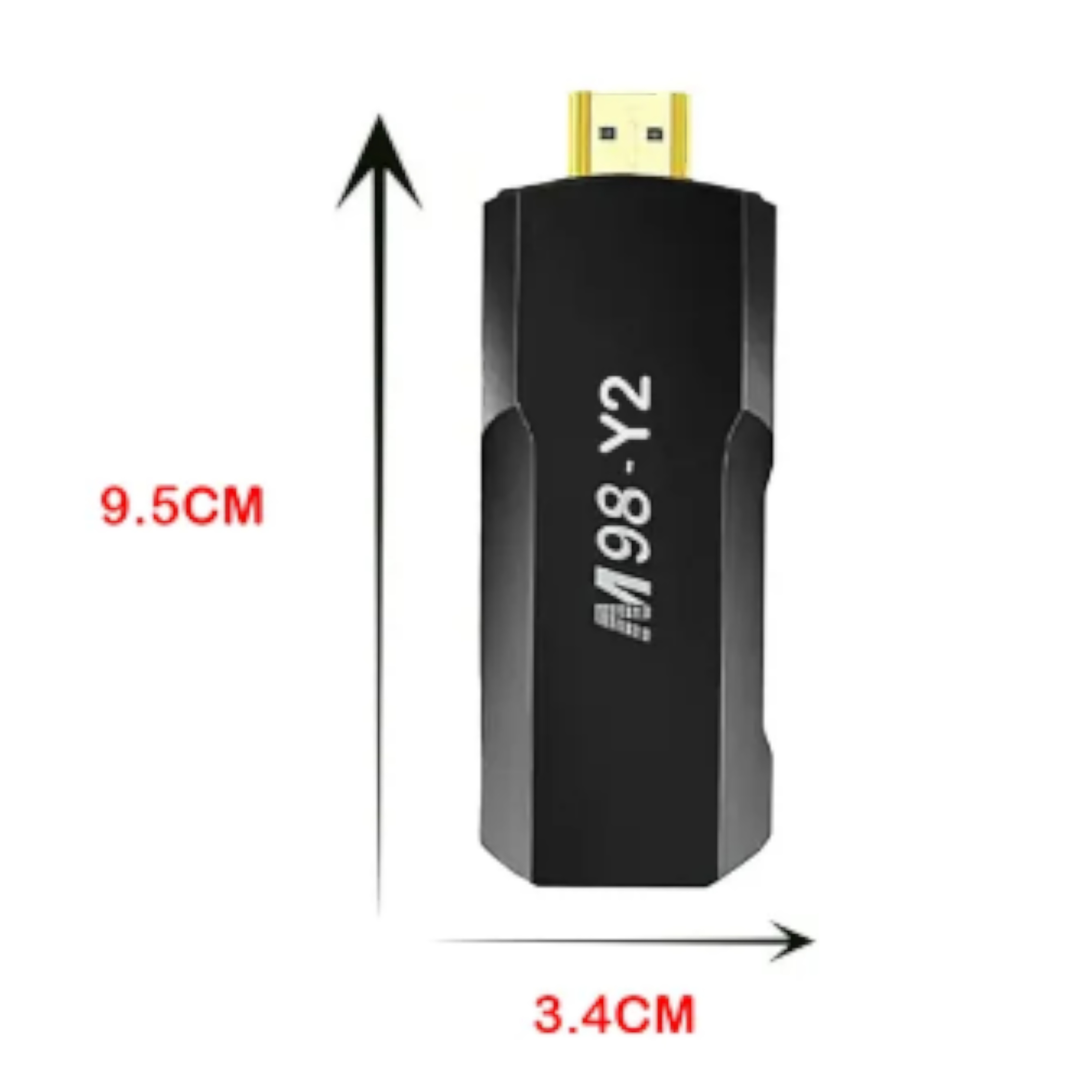 Adaptador HDMI negro con dimensiones de 9,5 cm x 3,4 cm, con un puerto HDMI dorado.