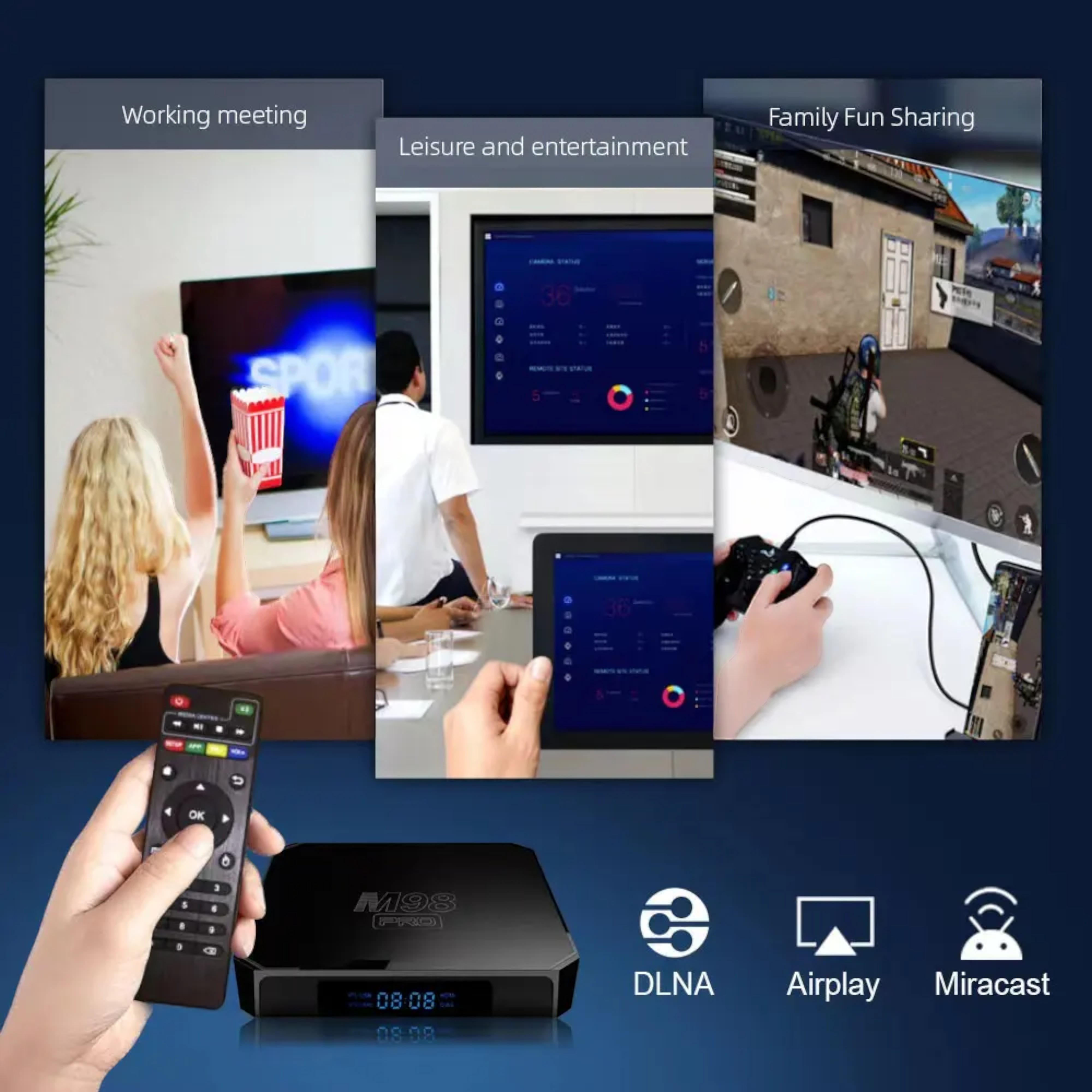 Un televisor con servicios de transmisión. Mando a distancia en la mano, caja con iconos DLNA, Airplay y Miracast.