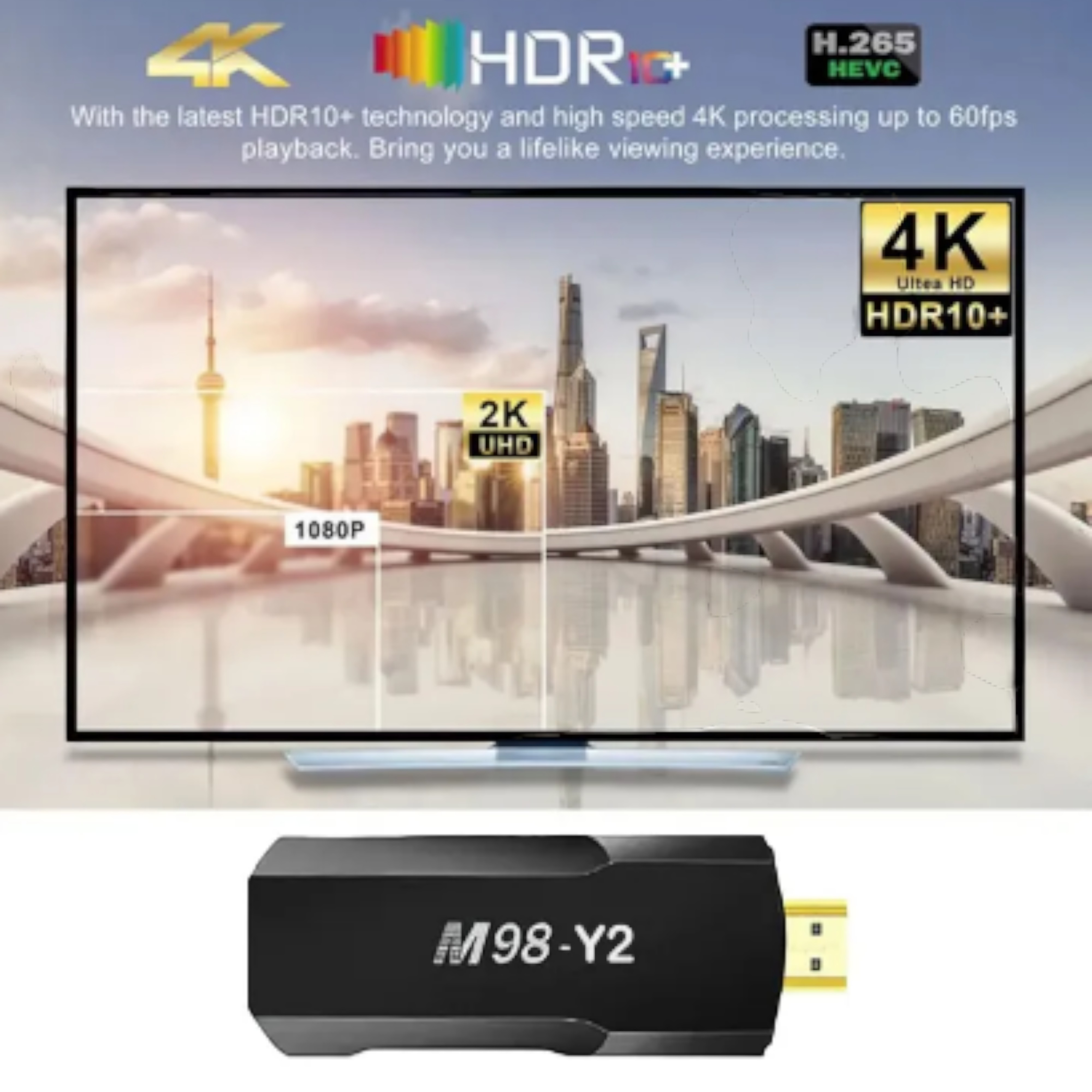 Una pantalla de TV con gráficos que muestran 4K, HDR10+ y H.265 HEVC.