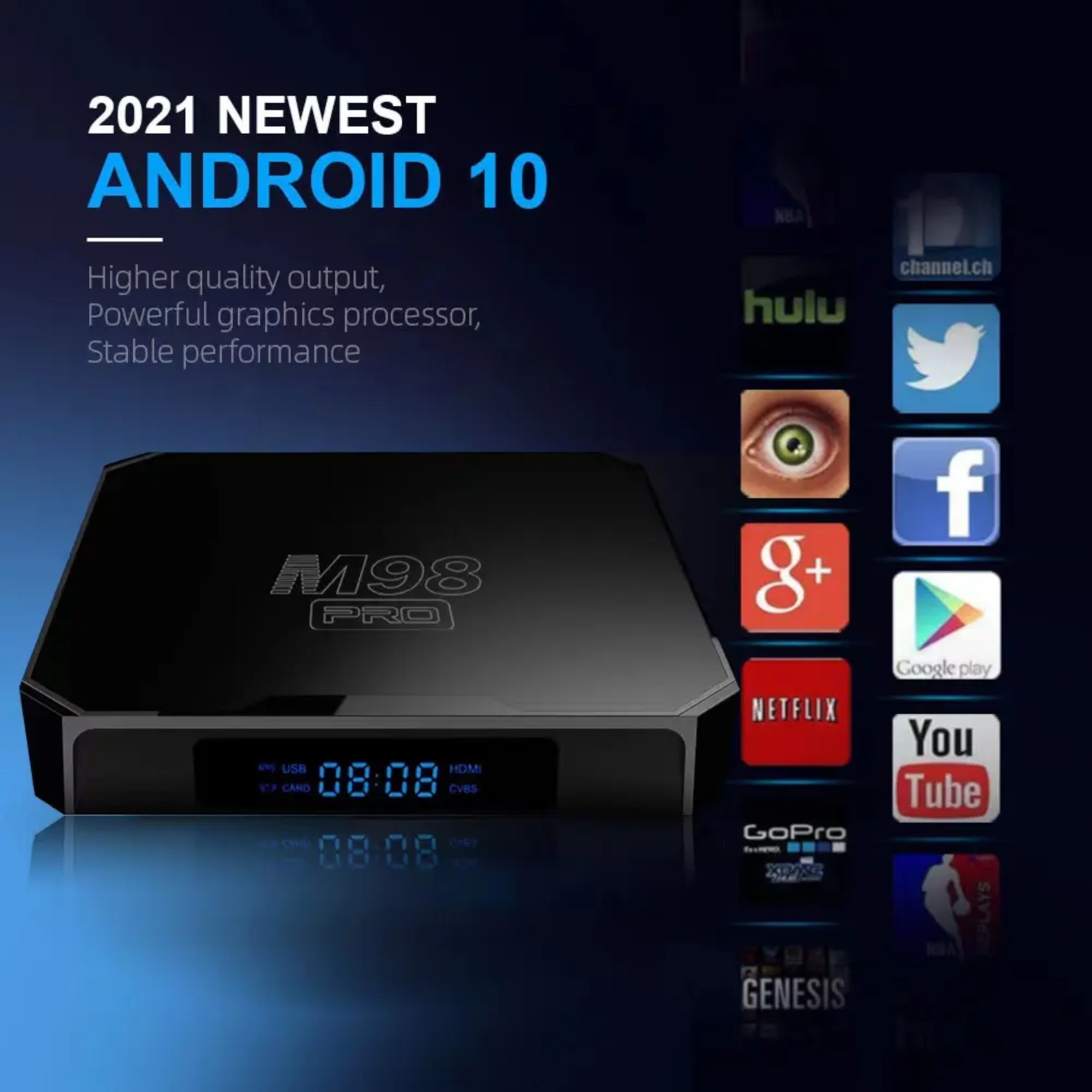 Caja de TV Android negra con iconos de aplicaciones a la derecha, texto '2021 Nuevo Android 10'.