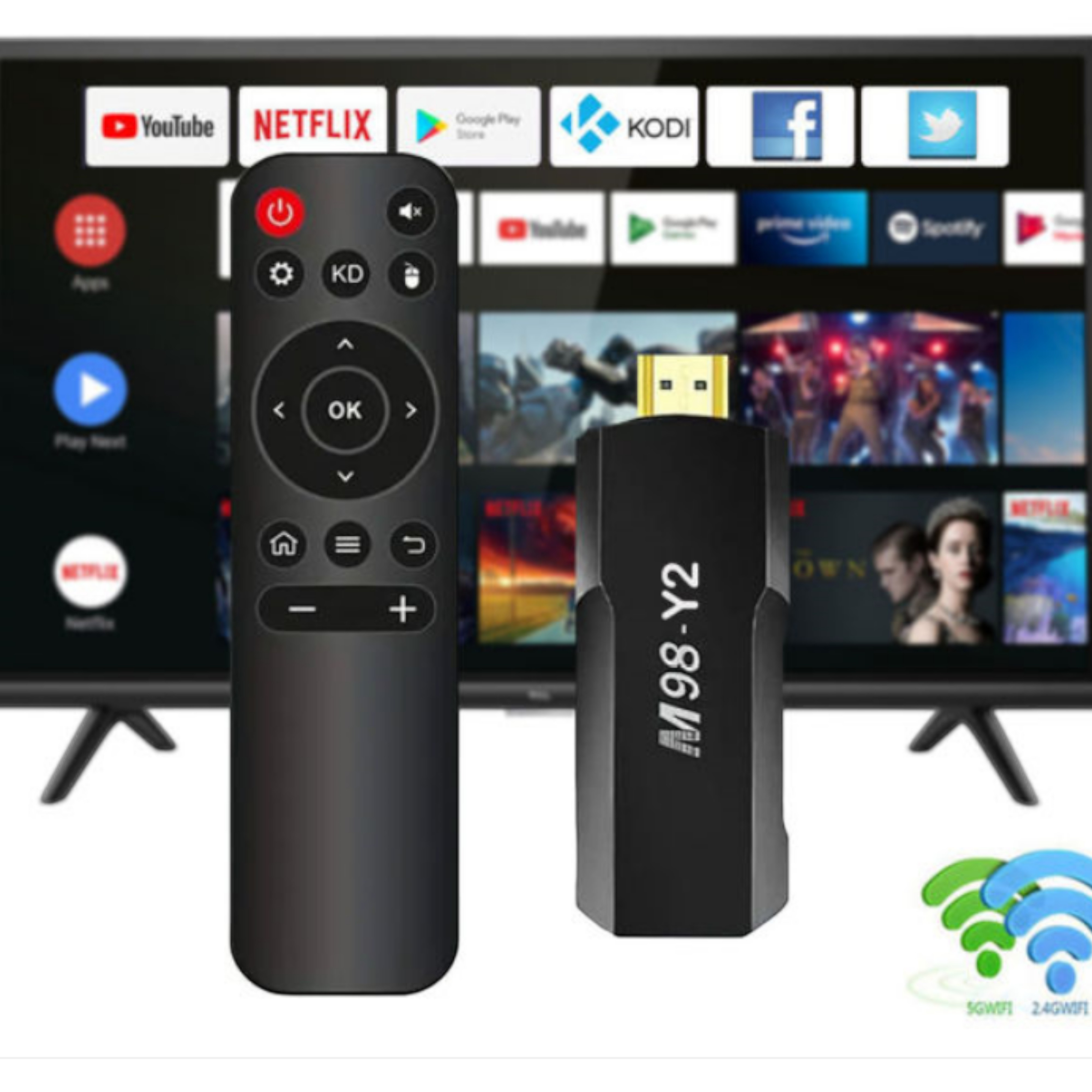 Un televisor y un dispositivo de transmisión negro. Se muestran iconos de aplicaciones, incluyendo Netflix y YouTube.