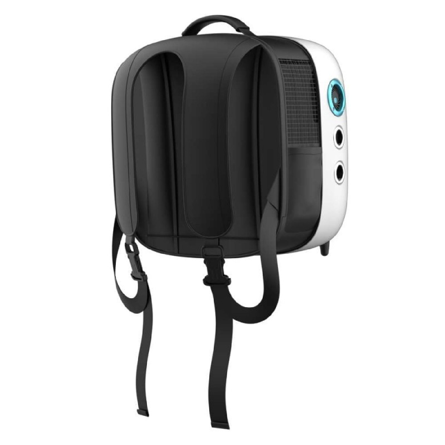 Czarno-biały plecak dla zwierząt domowych. Widok z tyłu pokazuje paski i otwory wentylacyjne.