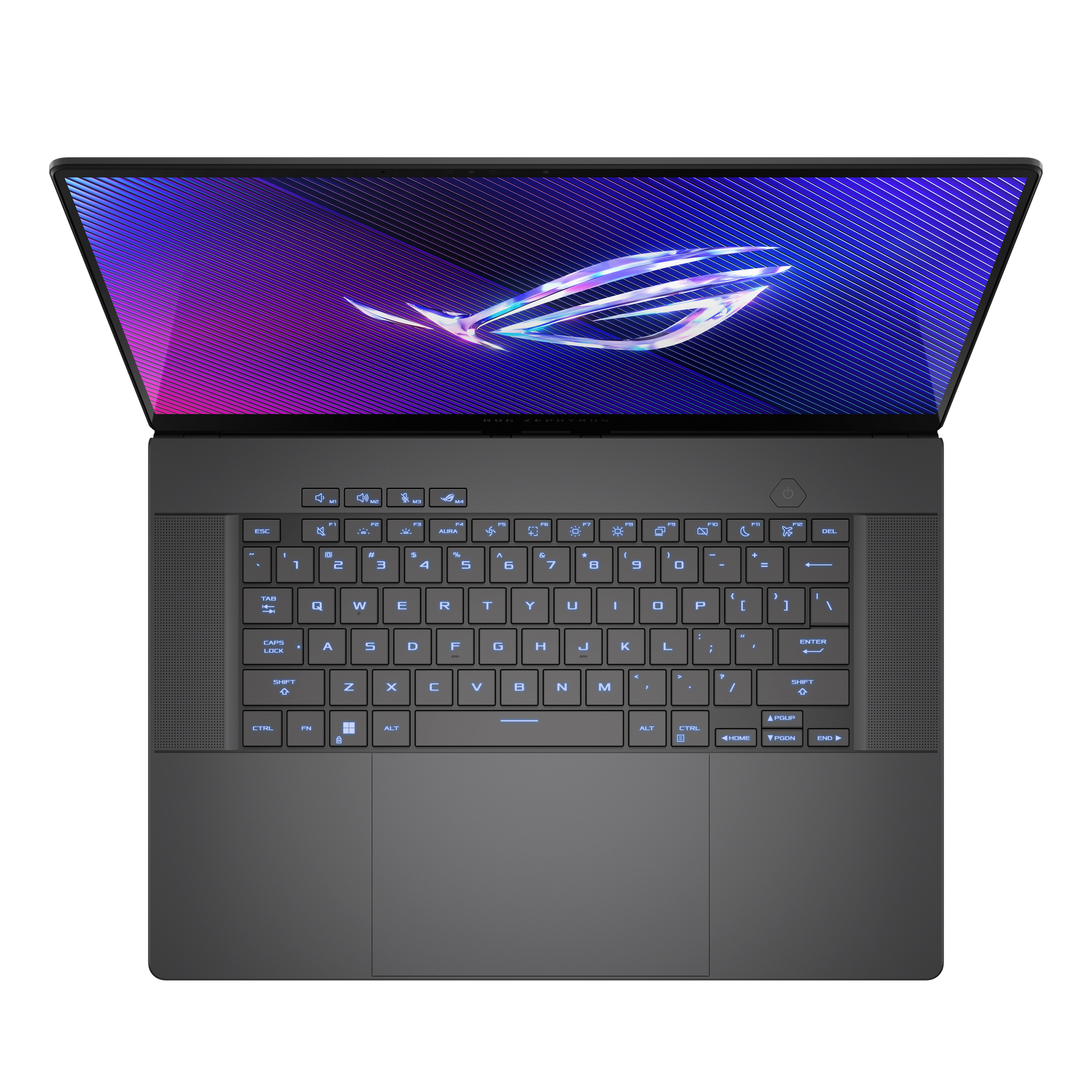 Ein schwarzer Laptop mit geöffneter Tastatur, zeigt einen farbenfrohen Bildschirm. Die Marke ist ROG, Draufsicht.