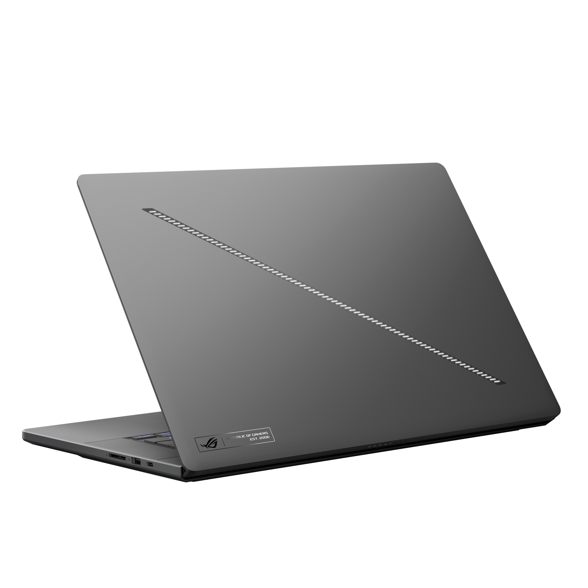 Dunkelgrauer Laptop, angewinkelt geöffnet, zeigt die Rückseite mit Lichtstreifen.