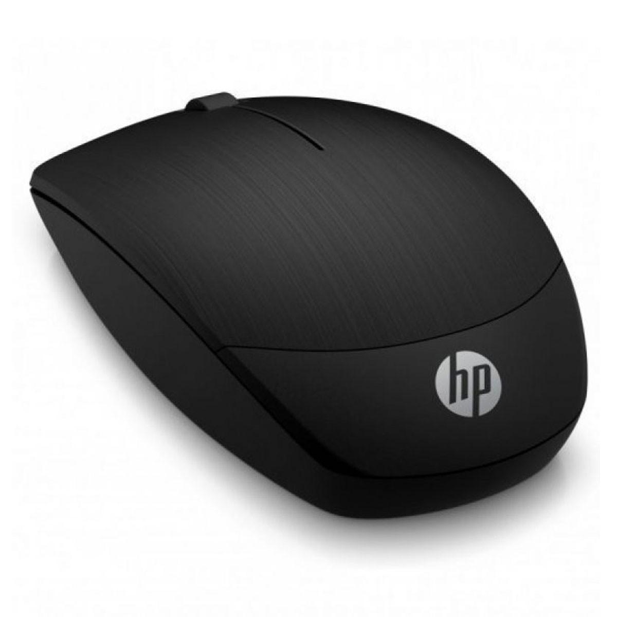 Czarna bezprzewodowa mysz HP. Ma kółko przewijania i logo HP na powierzchni.