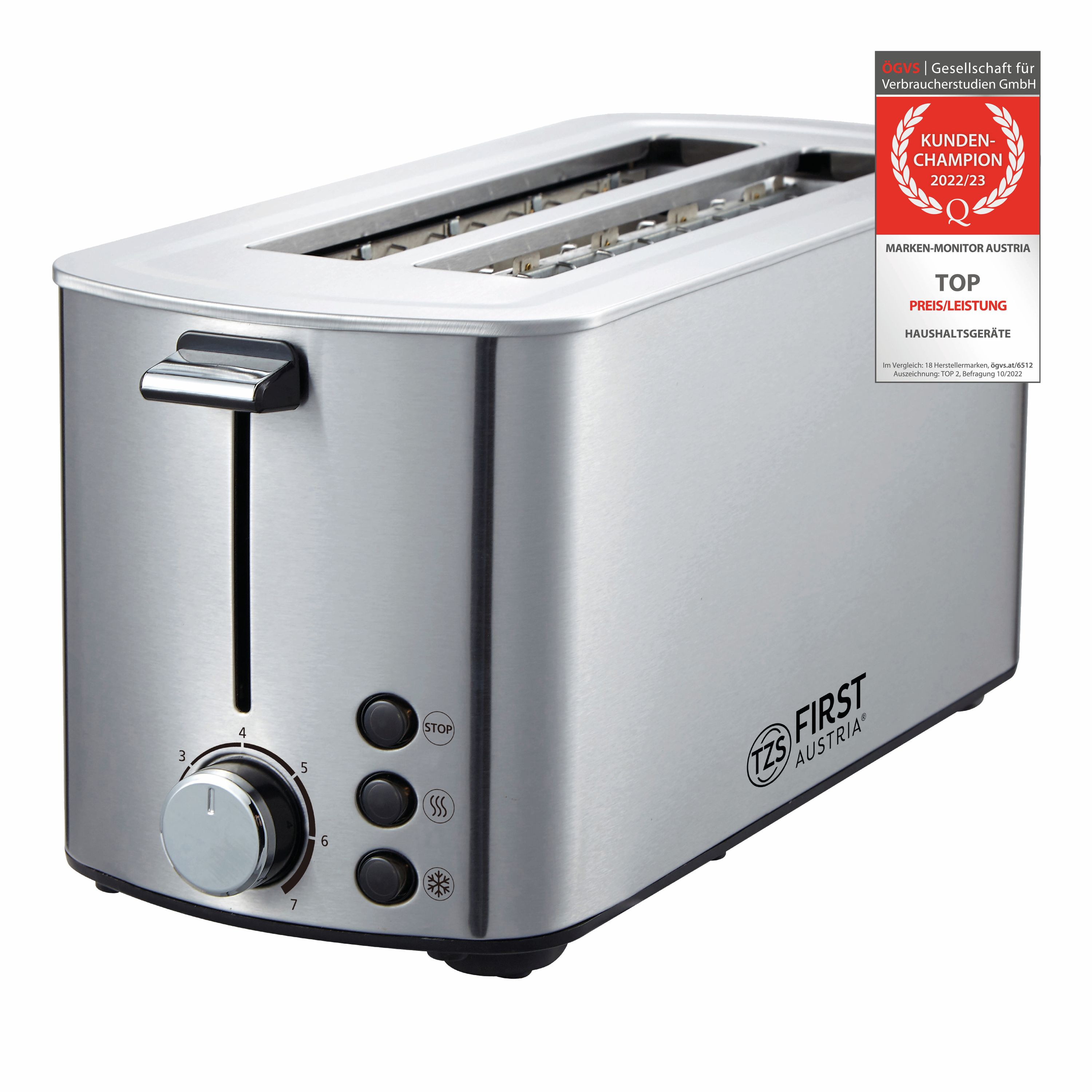 Ein silberner und Edelstahl-Toaster mit einem rot-weißen Etikett.