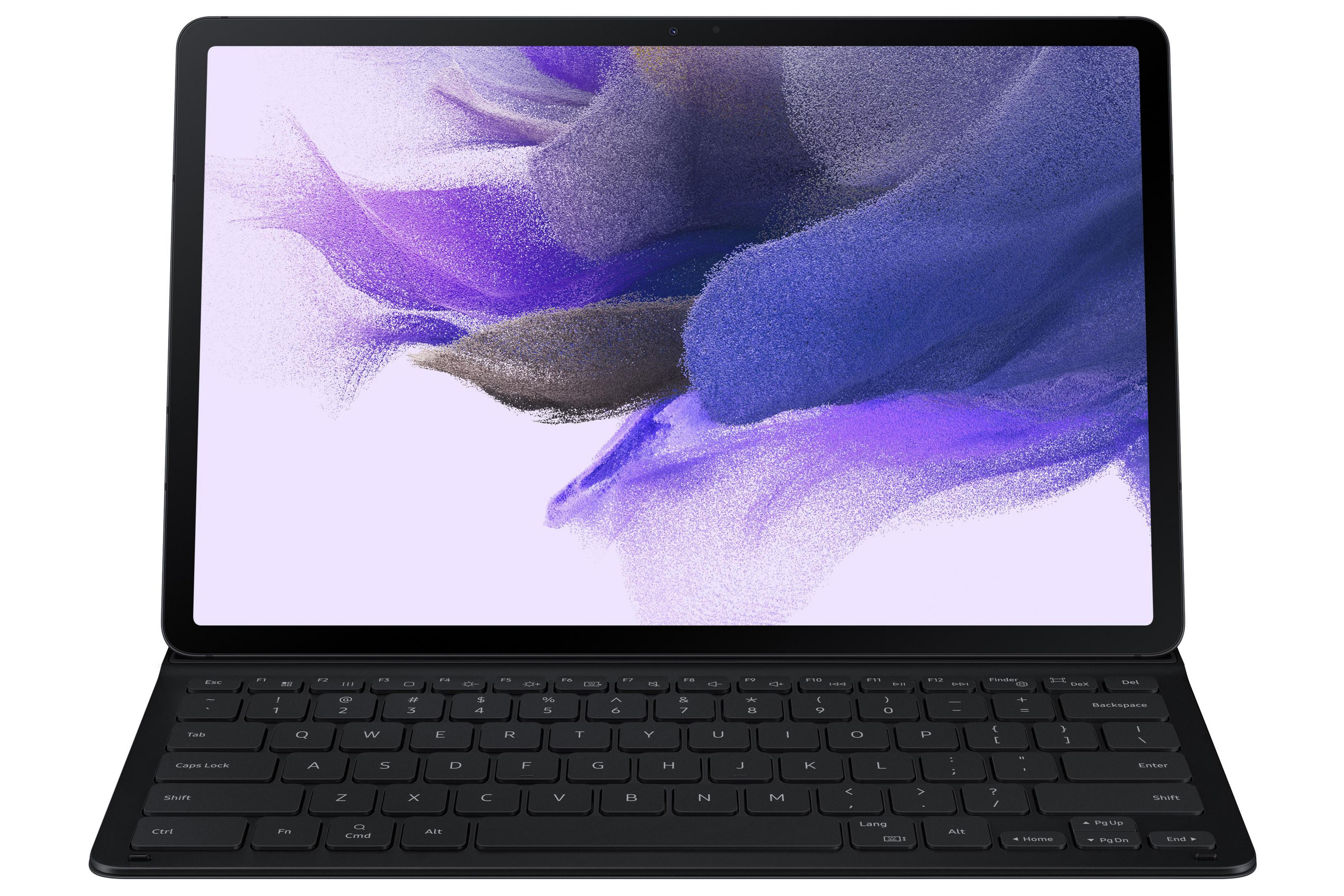 Schwarzes Tablet mit angeschlossener Tastatur, das ein farbenfrohes abstraktes Bild zeigt. Weißer Hintergrund.